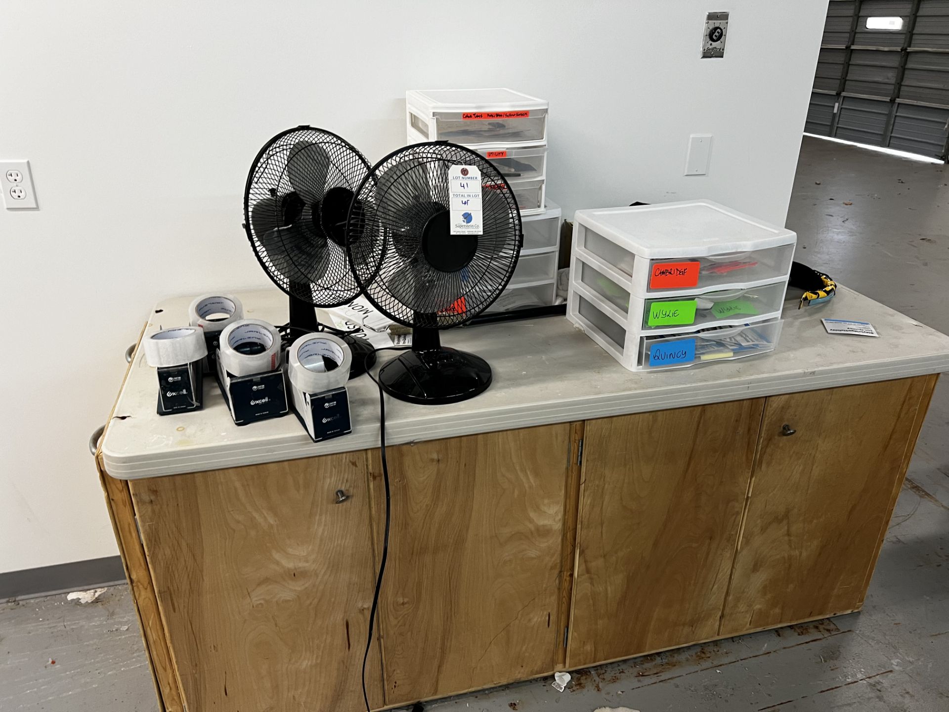 {LOT} Fans, Tape Dispensers, Bins, Cabinet