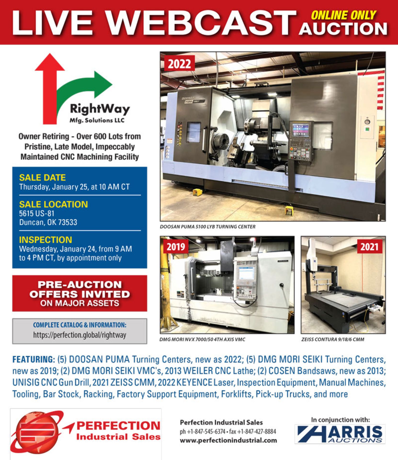 Featuring: (5) DOOSAN PUMA Turning Centers, new as 2022; (5) DMG MORI SEIKI Turning Centers, new as