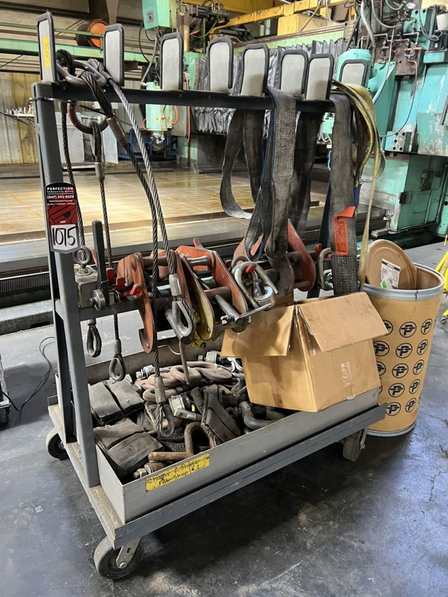 Rolling Rack w/ Slings, Chains, Eye Bolts, Plate Clamps and Shackles (Machine Shop)