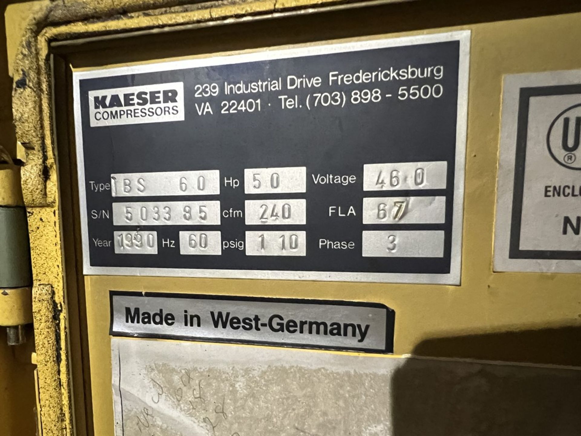 KAESER BS60 Rotary Screw Air Compressor, s/n 503385, 50 HP (Wing Shop) - Image 5 of 5