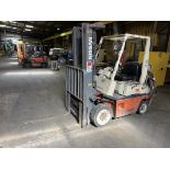 NISSAN 50 LP Forklift s/n KCPH02P907673, 5,000 Lb, 3-Stage Mast, Solid Tire (Machine Shop)
