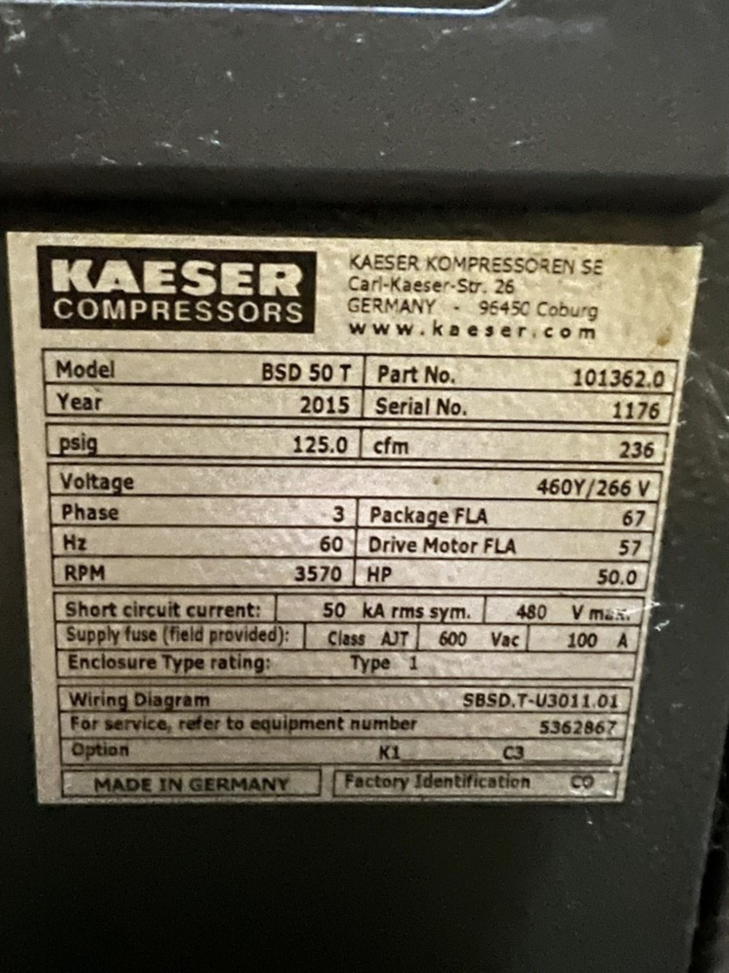 2015 KAESER BSD 50T Rotary Screw Air Compressor, s/n 1176, 50 HP (Foundry) - Image 4 of 4