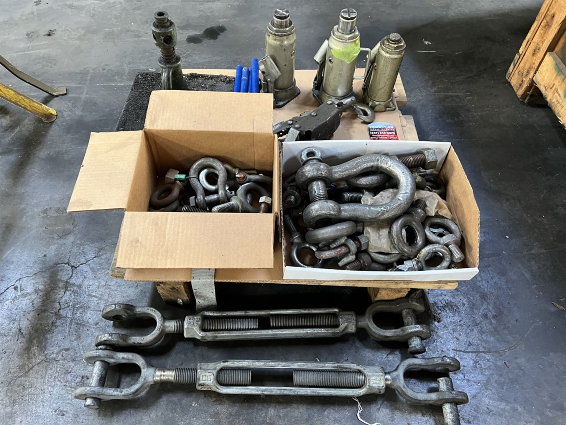 Lot Comprising Turnbuckles, Bottle Jacks, Hydraulic Jacks, Eye Bolts, and Shackles (Machine Shop)