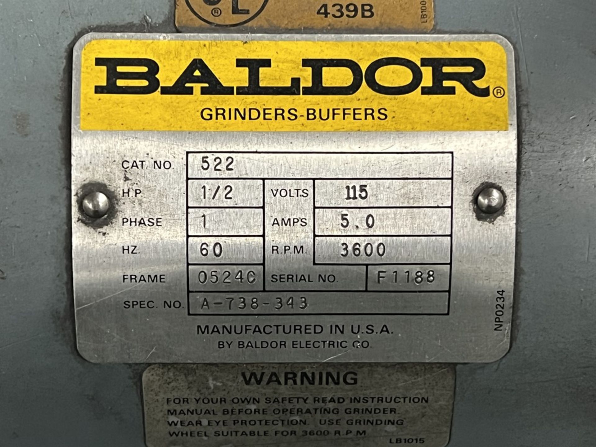 BALDOR 522 Diamond Wheel Grinder, s/n F1188, 1/2 HP, 3600 RPM - Image 5 of 5