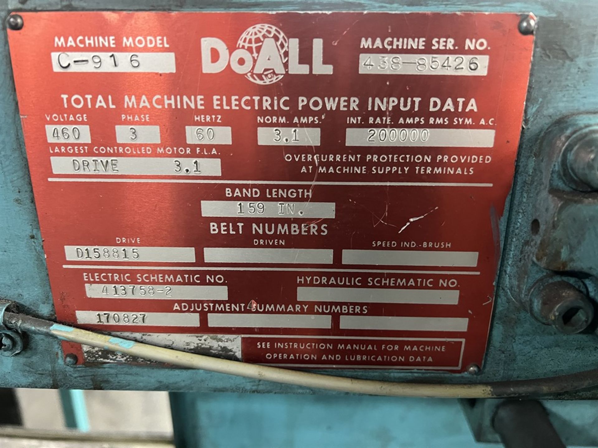 DOALL C-916 9" x 16" Horizontal Band Saw, s/n 438-85426 - Image 5 of 7