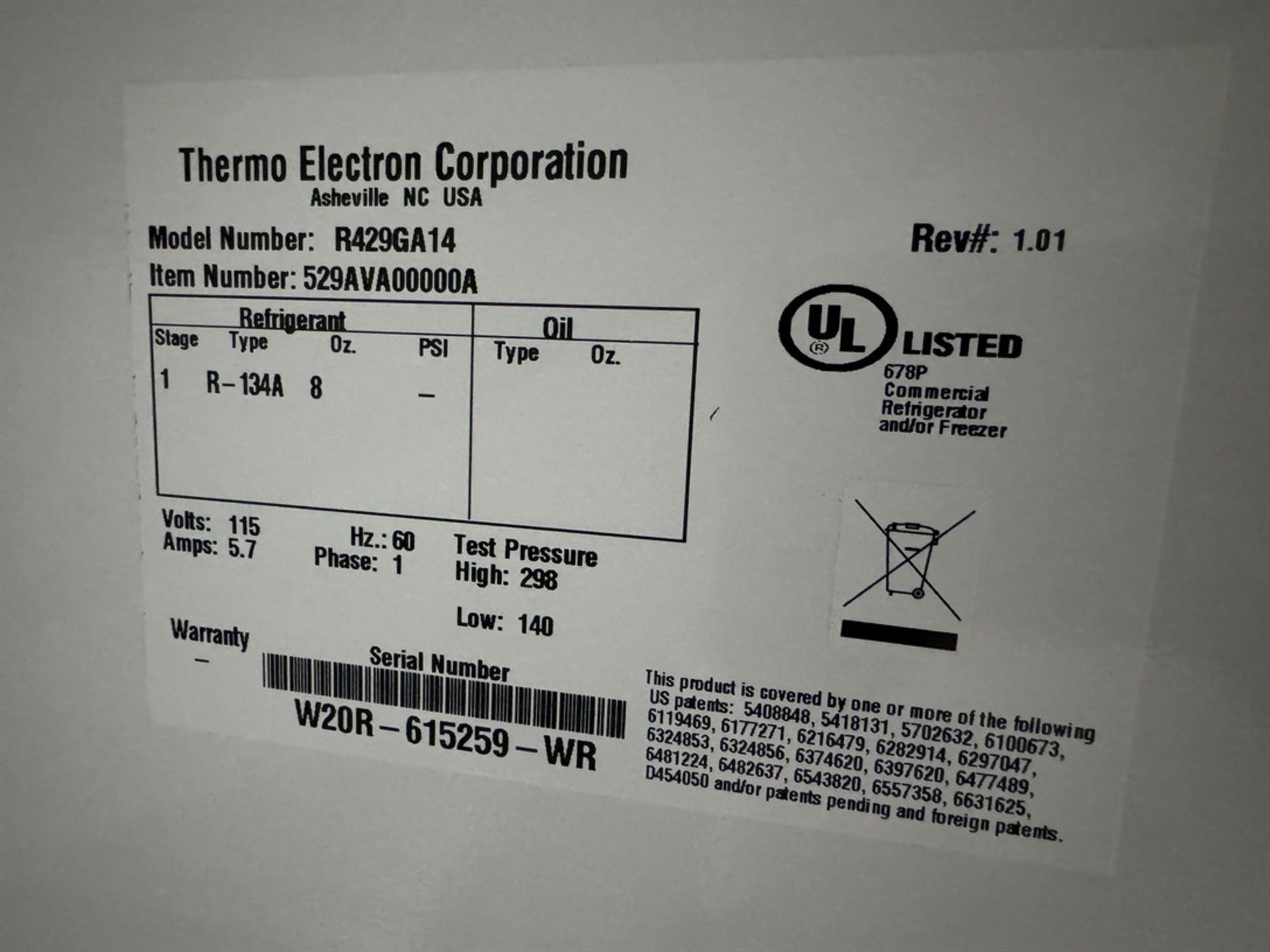 THERMO ELECTRON R429GA14 General Purpose Refrigerator, s/n W20R-615259-WR - Image 3 of 4