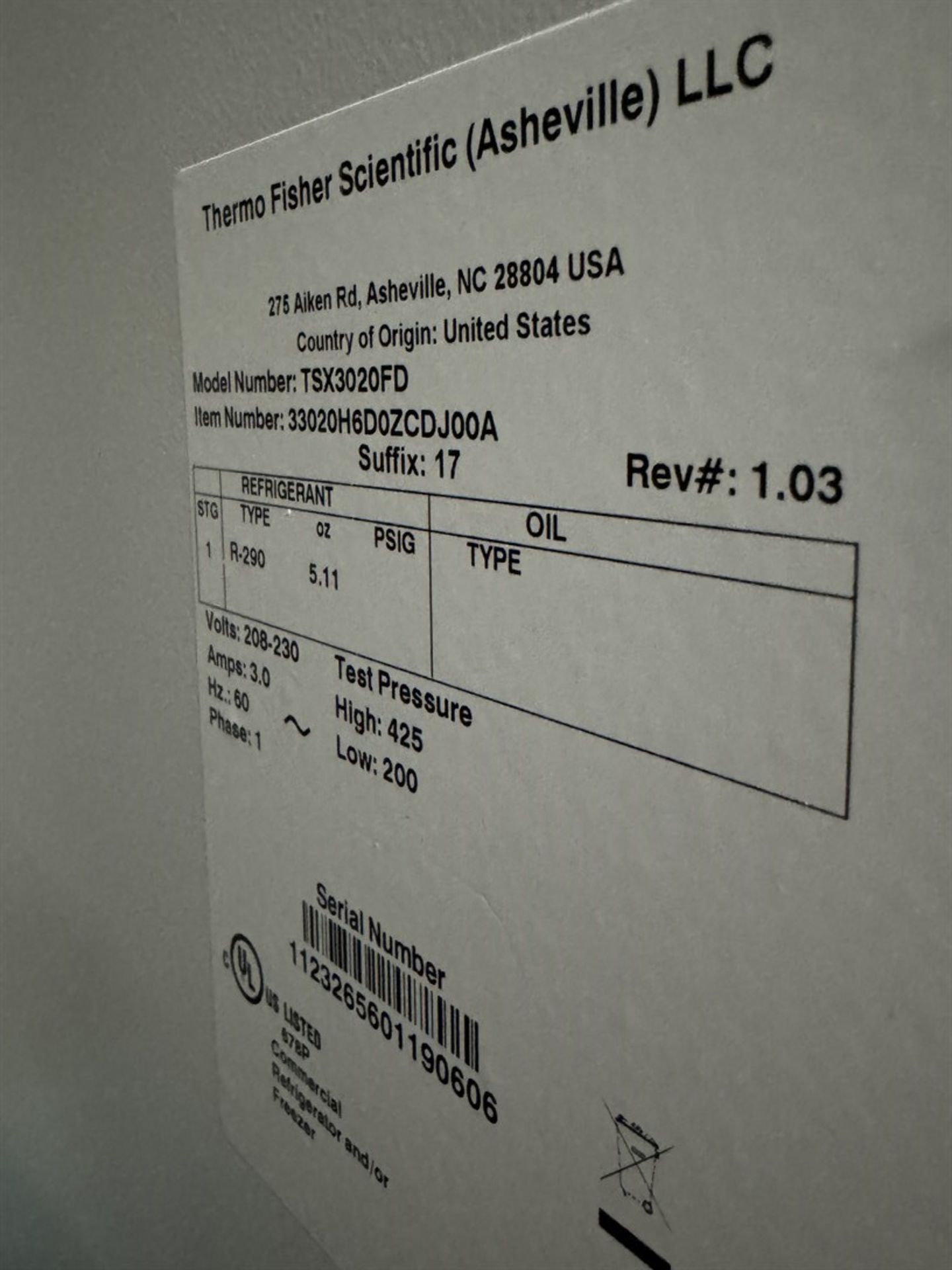 THERMO FISHER SCIENTIFIC TSX3020FD High Performance Manual Defrost Freezer, s/n 1123265601190606, - - Image 5 of 5