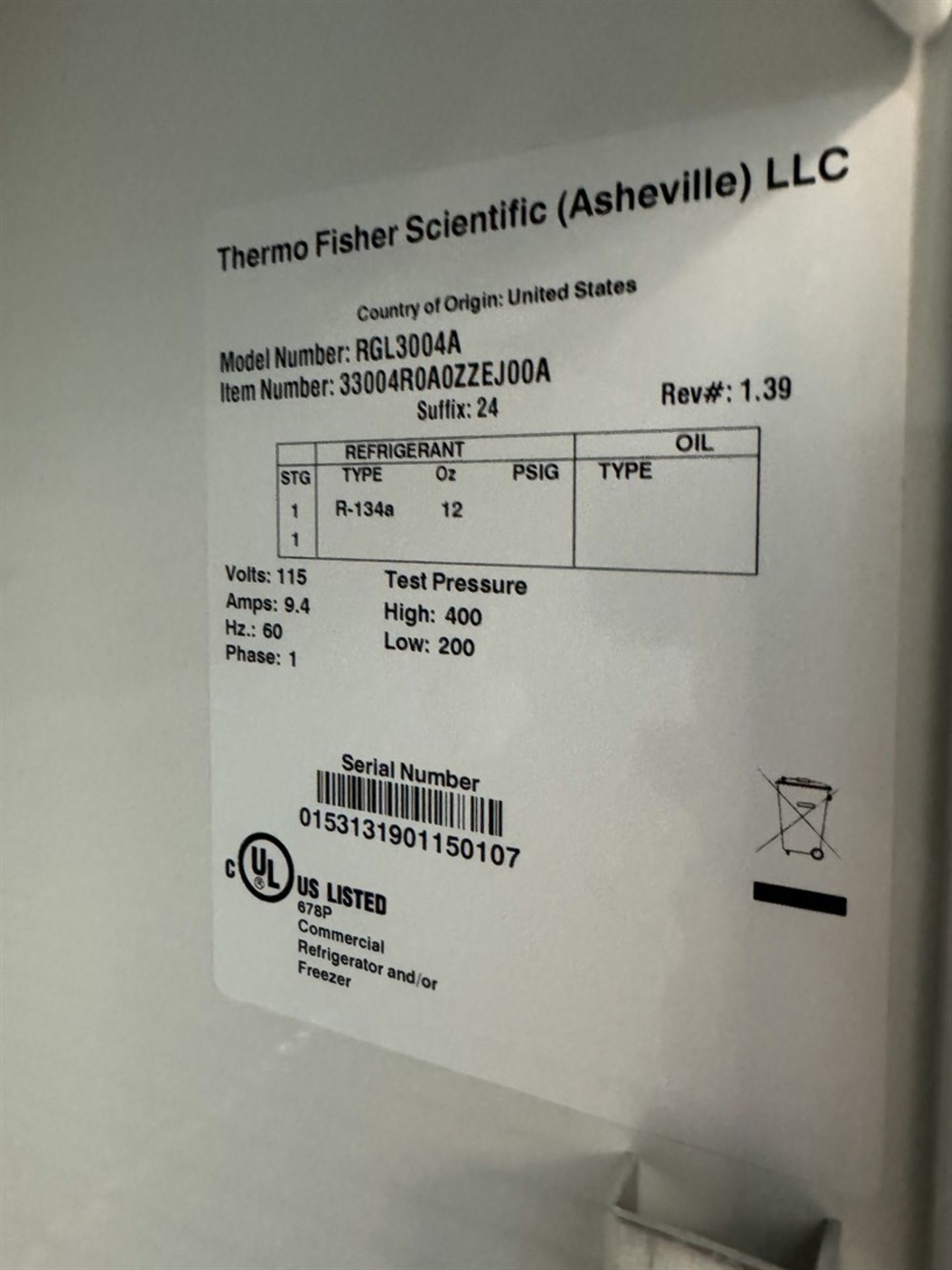 THERMO FISHER SCIENTIFIC RGL3004A Lab Refrigerator, s/n 0153131901150107 - Image 5 of 6