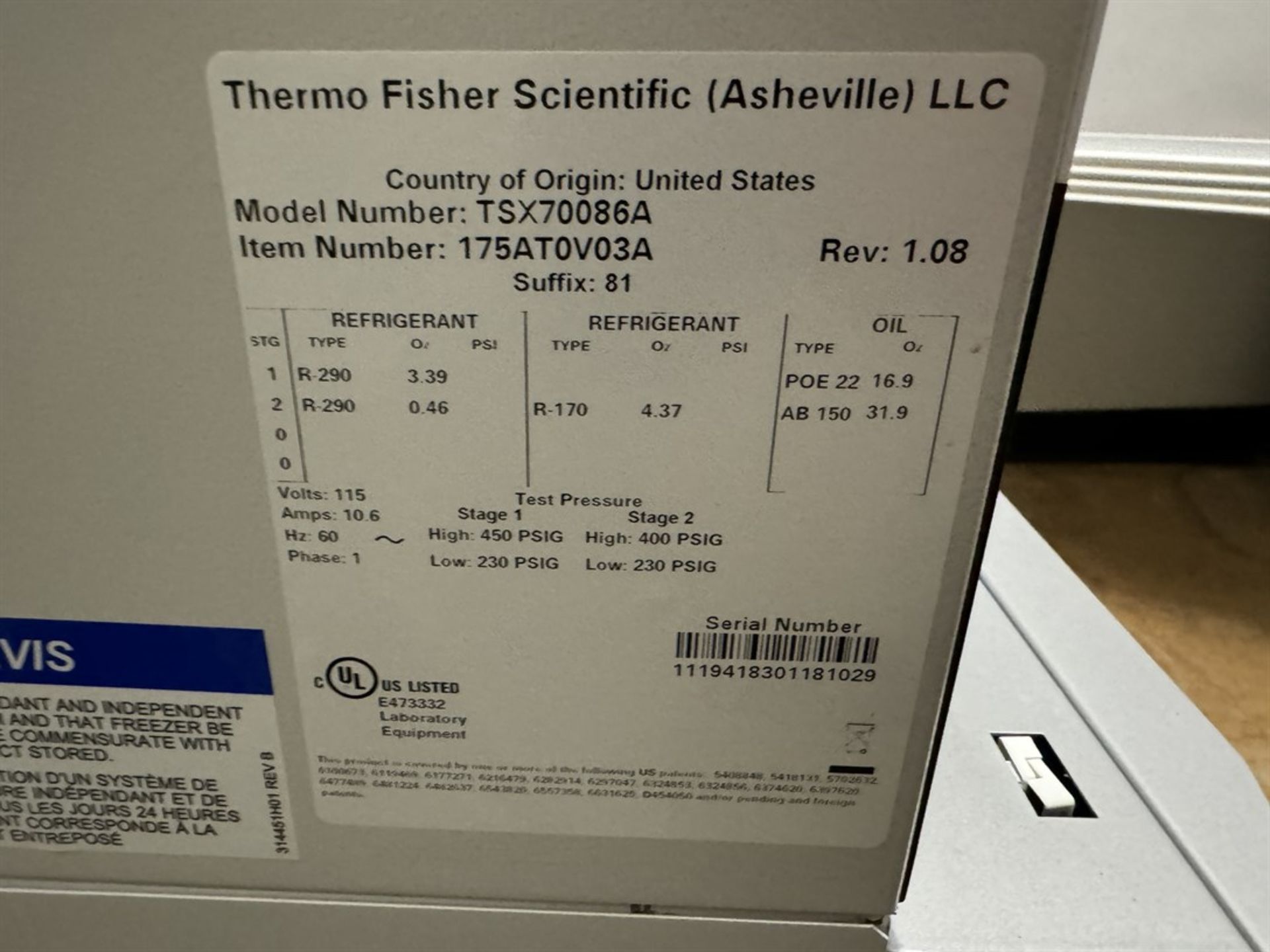 THERMO FISHER SCIENTIFIC TSX70086A Ultra-Low Freezer, s/n 1119418301181029, -80 Degrees C - Image 7 of 7