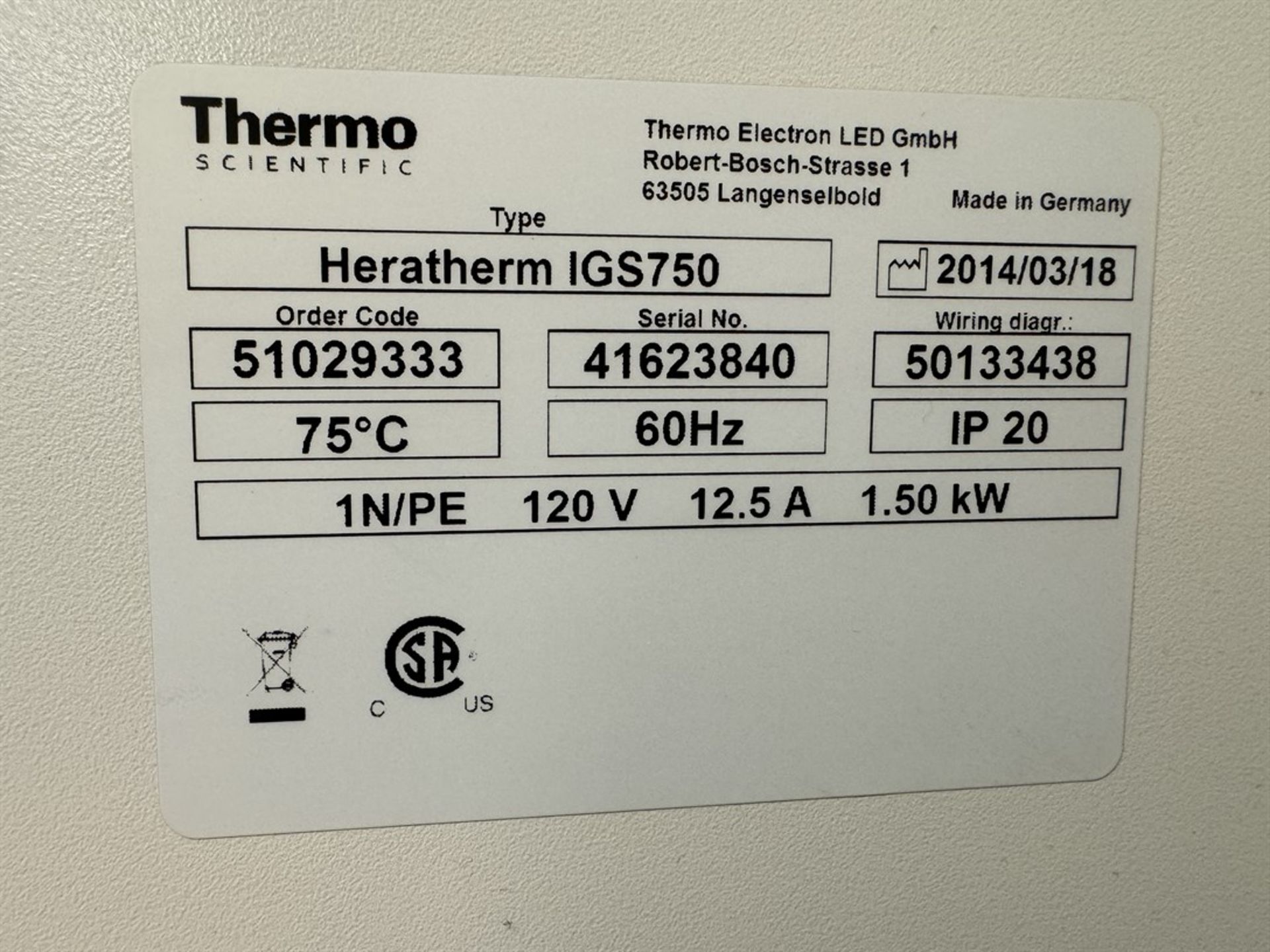 2014 THERMO SCIENTIFIC Heratherm IGS750 Incubator, s/n 41623840 - Image 8 of 8