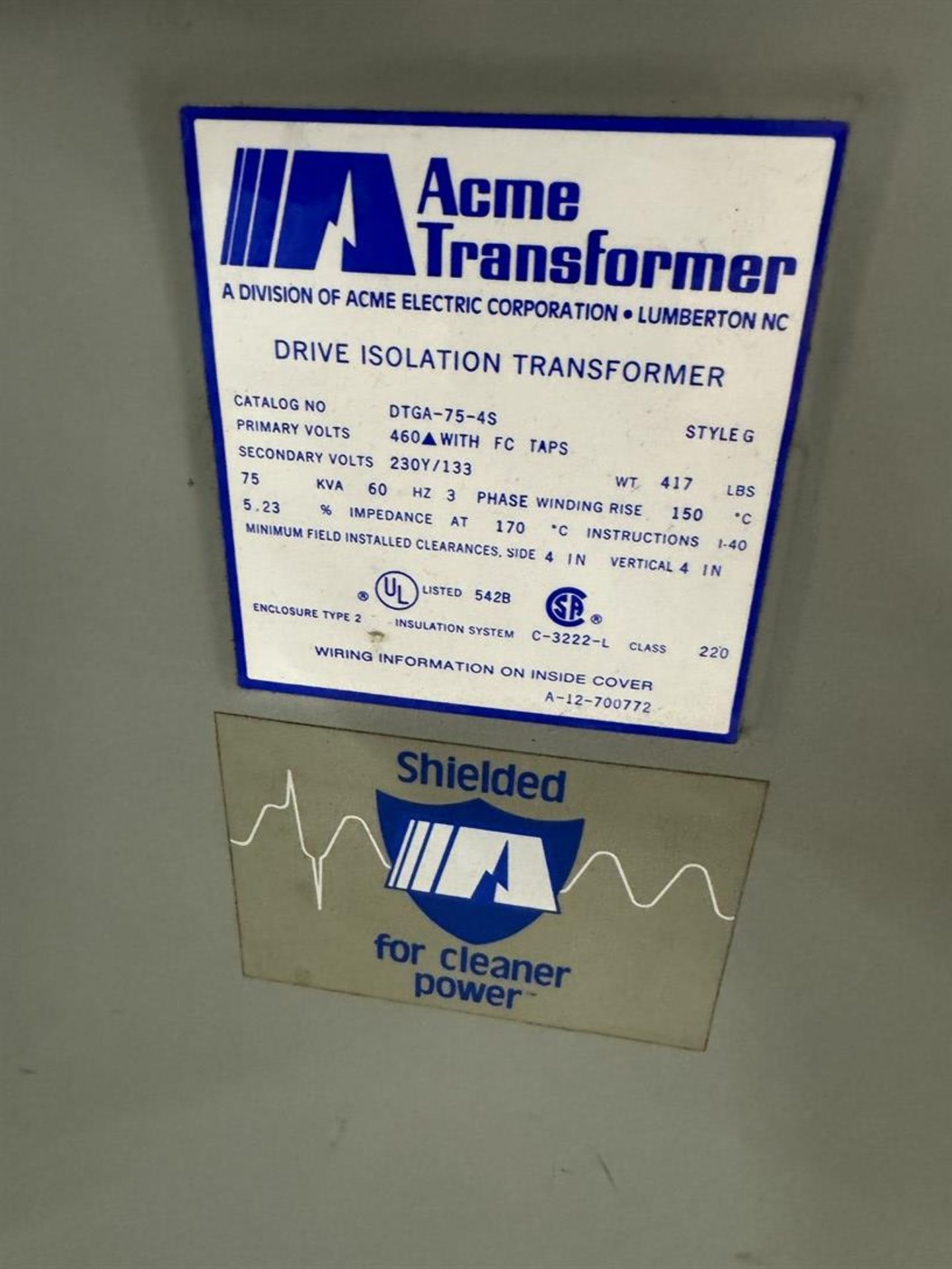 Jacket Extrusion Line (#1)-ACME DTGA-75-4S 75 KVA Drive Isolation Transformer - Image 2 of 2