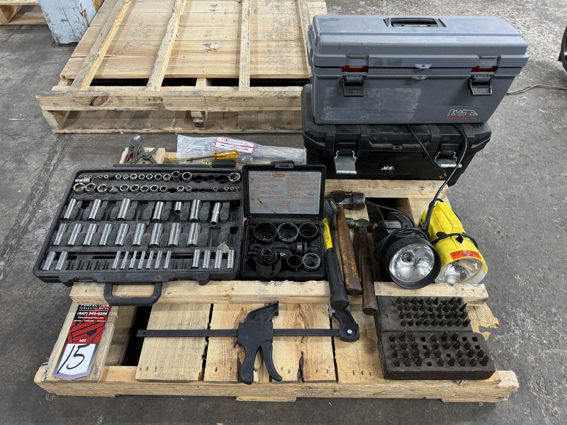 Lot Comprising Assorted Sockets, Hammers, Tool Boxes, Hole Saws, Stamps and Work Lights