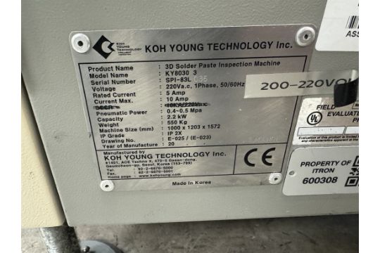 SMD Line #1- 2010 KOH- YOUNG KY8030 3-D Solder Paste Inspection Machine, s/n SPI-83L035 Automated - Image 7 of 7