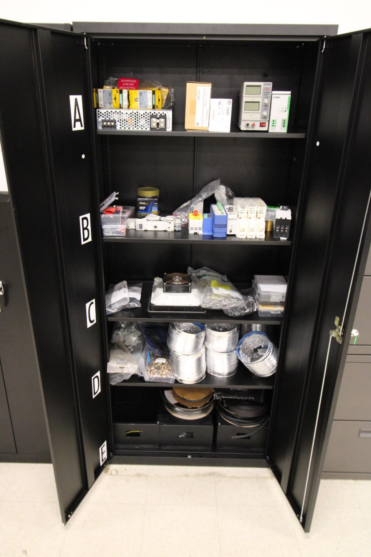 STORAGE CABINET WITH FUSES, POWER SUPPLIES, RELAYS AND MORE, 16" deep X 37" wide X 71" ht. - Image 2 of 5