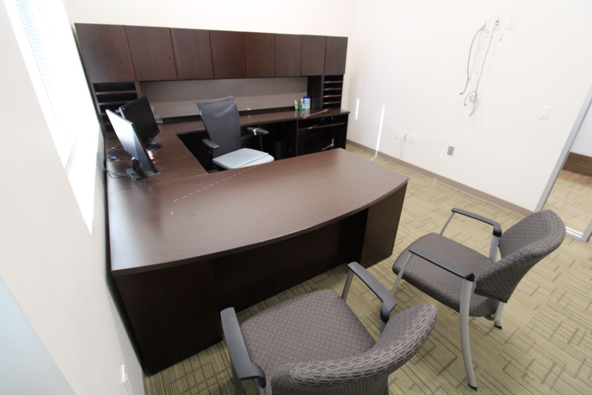 LOT OF DESK, CREDENZA, CHAIRS AND MONITORS - Image 3 of 3