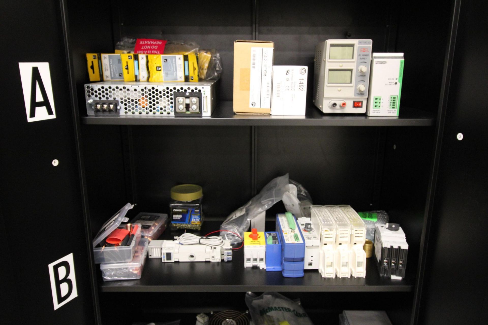 STORAGE CABINET WITH FUSES, POWER SUPPLIES, RELAYS AND MORE, 16" deep X 37" wide X 71" ht. - Image 3 of 5