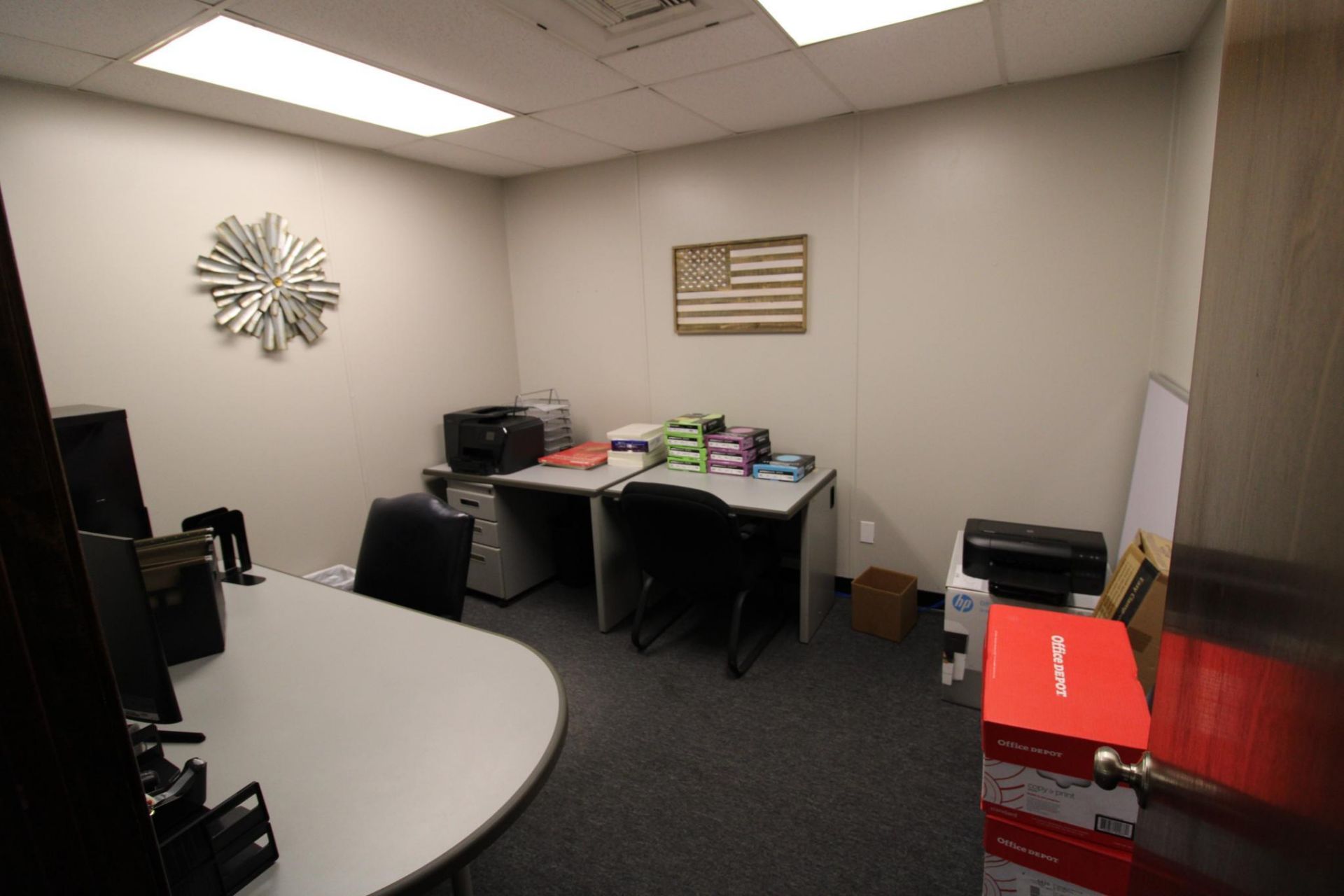 LOT CONTENTS OF OFFICE: desk, credenza, file cabinet, copy paper, printers, etc.