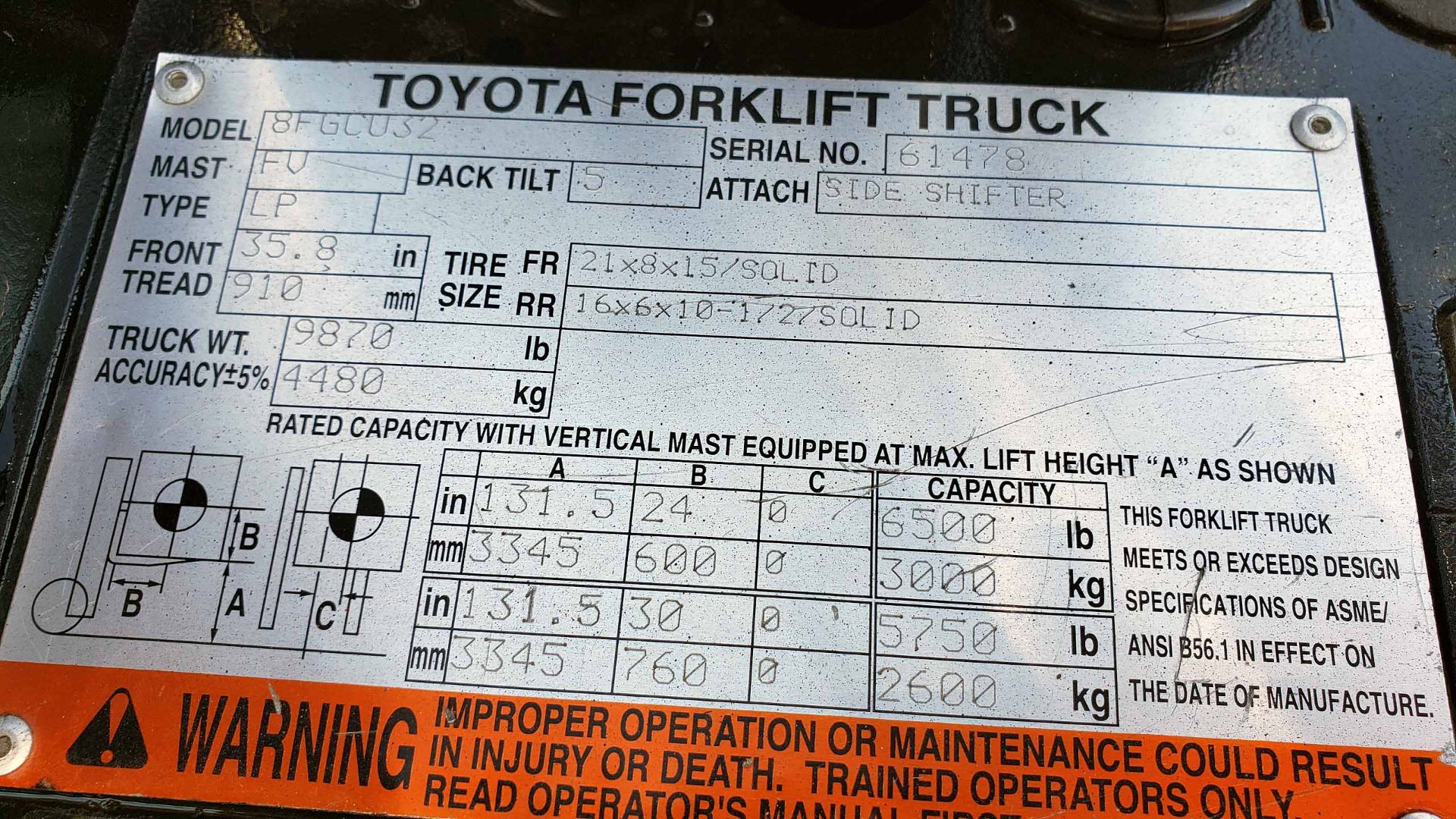 LPG FORKLIFT, TOYOTA 6,500-LB. BASE CAP. MDL. 8FGCU32, Mfg. 2014, LPG engine, 83" 2-stage mast, 131" - Image 5 of 5