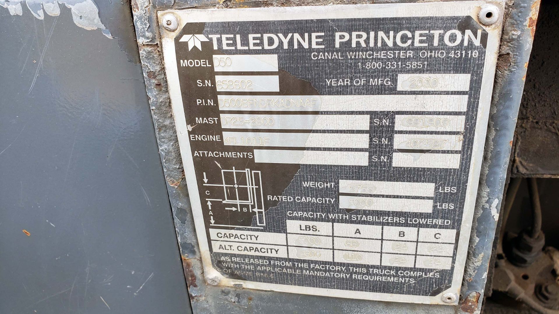 FORKLIFT, PRINCETON 5,000-LB. BASE CAP. MDL D50, diesel engine, no mast, pneu. tires, S/N 658602. ( - Image 5 of 5