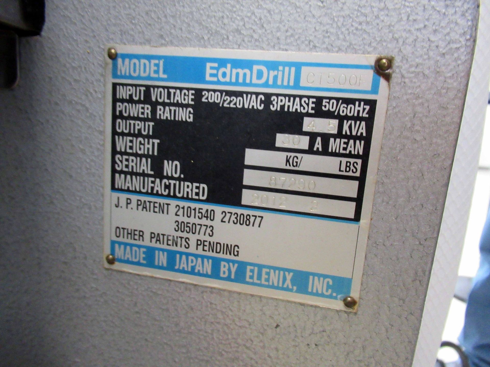 EDM DRILL, ELENIX MDL. EDM DRILL CT500F, new 2012, Seimens Sinumerik control, S/N 87290 (Made in - Image 4 of 7