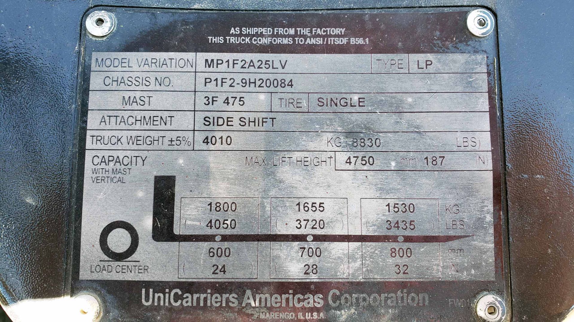 UNICARRIER/ NISSAN 5,000-LB. BASE CAP. MDL MP1F2A25LV, Mfg. 2014, LPG Engine, 83" 3-stage mast, 187" - Image 12 of 12