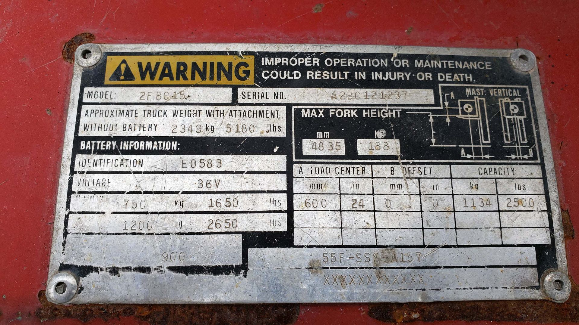 FORKLIFT, MITSUBISHI 3,000-LB. BASE CAP. MDL 2FBC15, 36 volt electric w/ battery, 83" 3-stage - Image 7 of 7