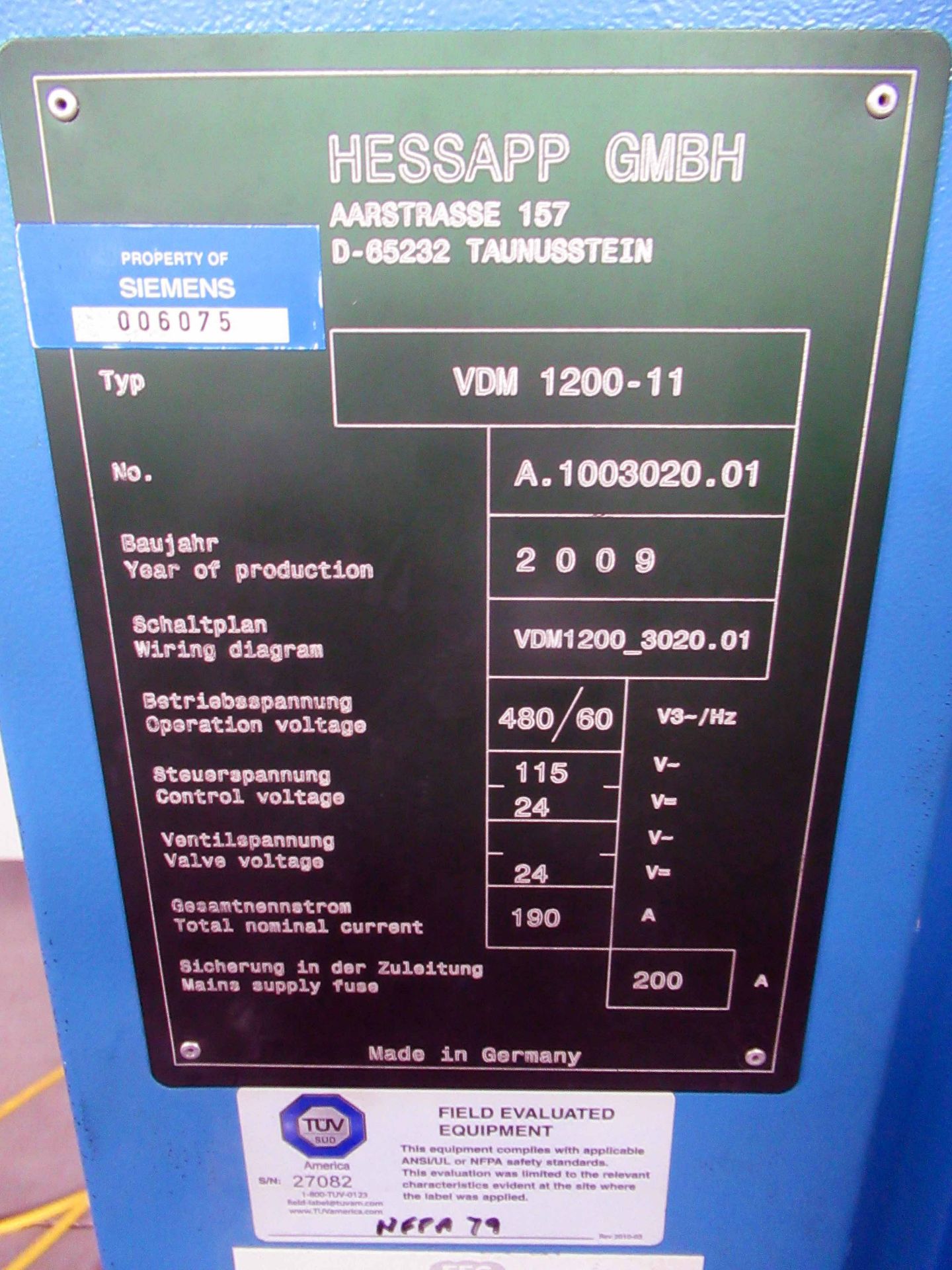 VERTICAL TURNING CENTER, HESSAPP MDL. VDM1200-11, new 2009, Siemens 840D control, 31.5” tbl. dia., - Image 6 of 8