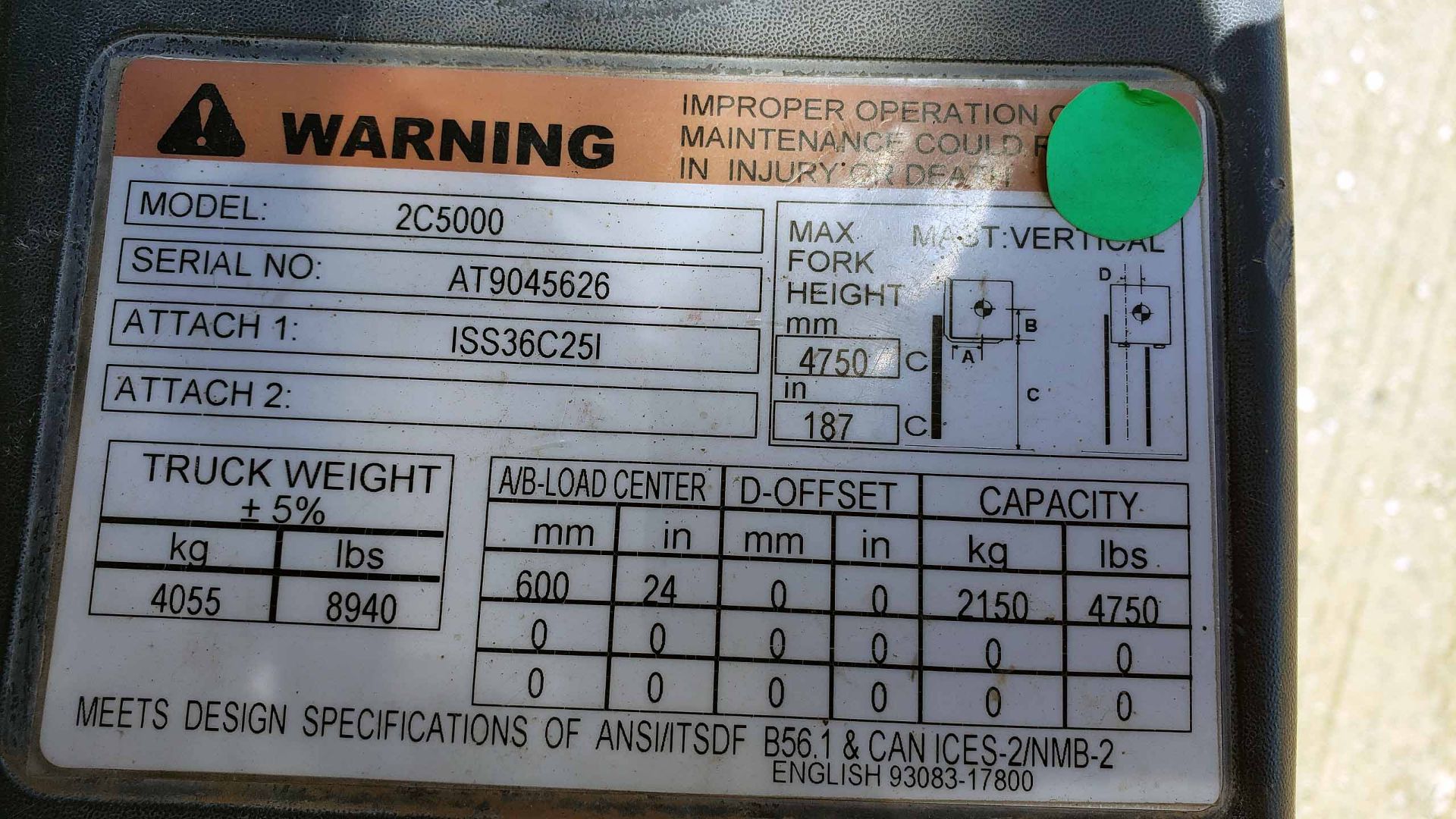 LPG FORKLIFT, CATERPILLAR 5,000-LB. BASE CAP. MDL. 2C5000, Mfg. 2017, LPG engine, 83" 3-stage - Image 10 of 10