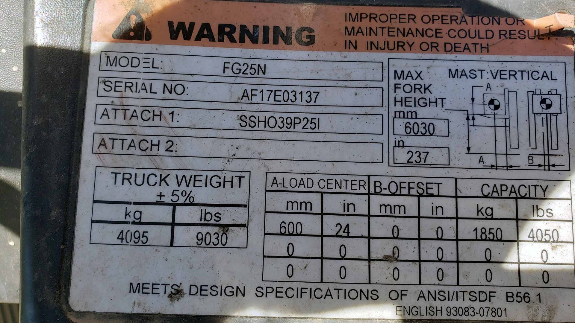 LPG FORKLIFT, MITSUBISHI 5,000-LB. BASE CAP. MDL. FG25N4, Mfg. 2017, LPG engine, 101" 3-stage - Image 13 of 13