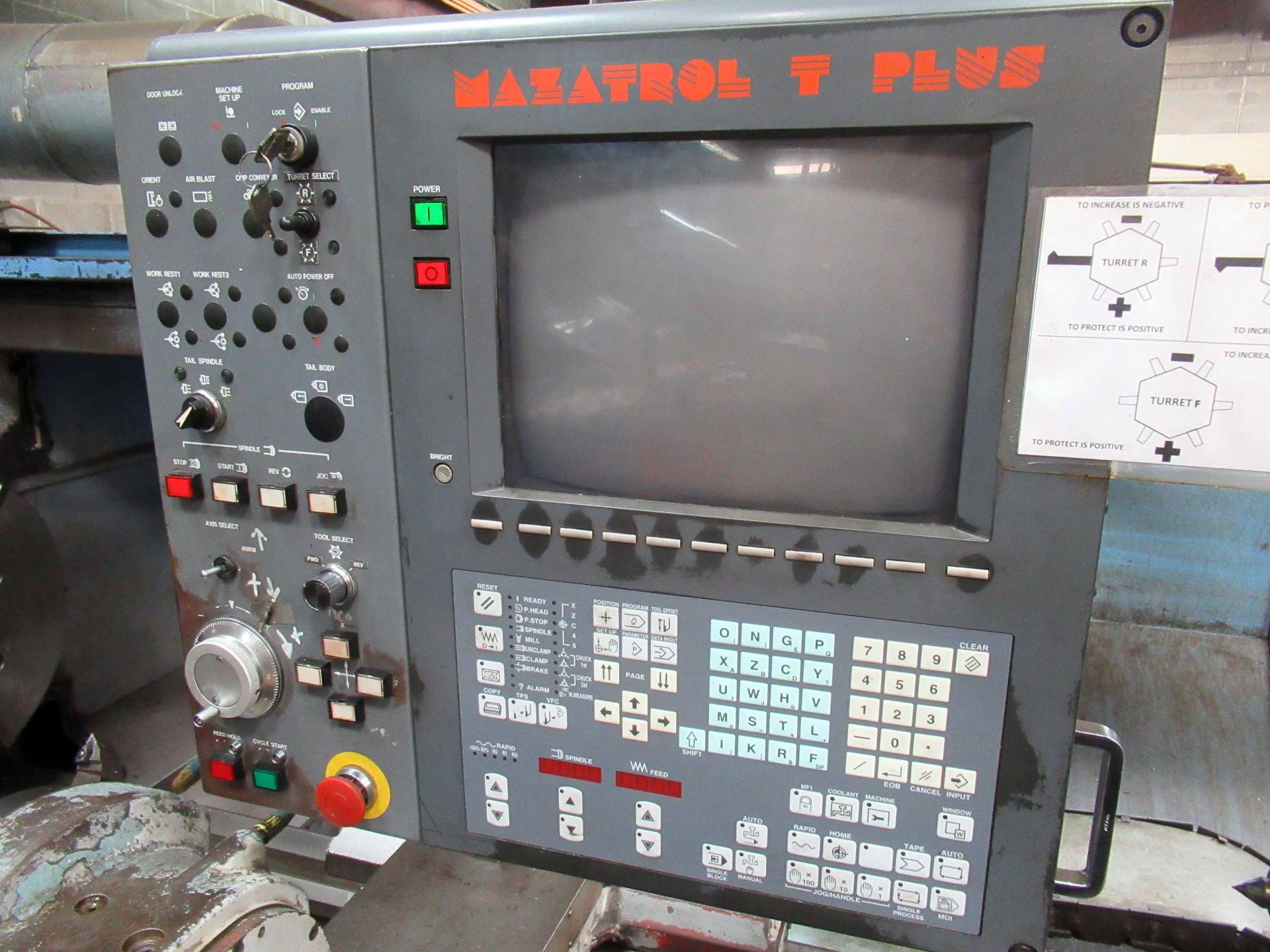 FLATBED CNC LATHE, MAZAK POWERMASTER N, Mazatrol T. Plus control, 35" swing x 78" btwn. centers, - Image 2 of 6