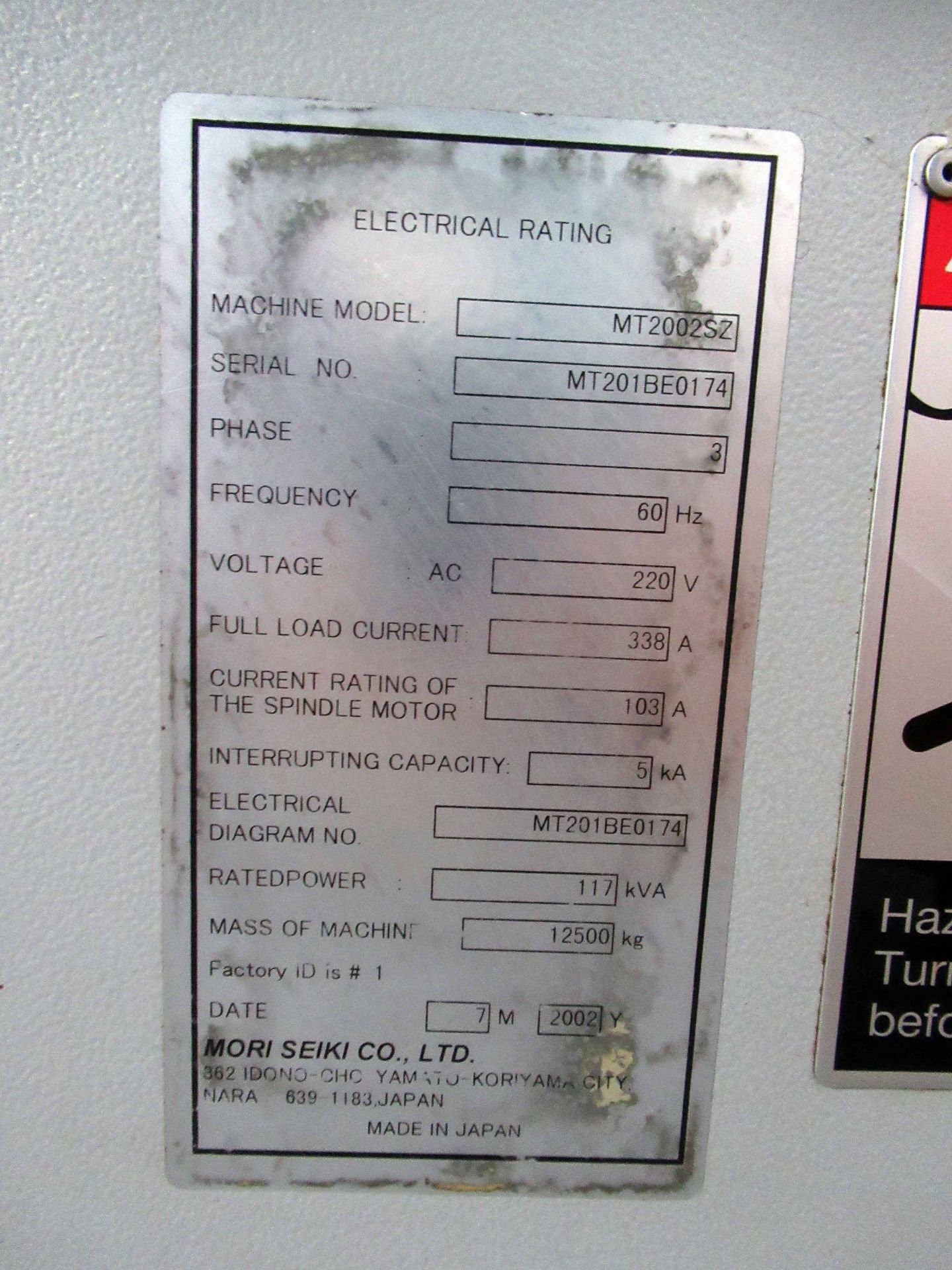 MULTI TASKING LATHE, MORI SEIKI MDL. MT-2000SZ, new 2002, Mori Seiki MSG-501 control, 21.6” max. - Image 7 of 8