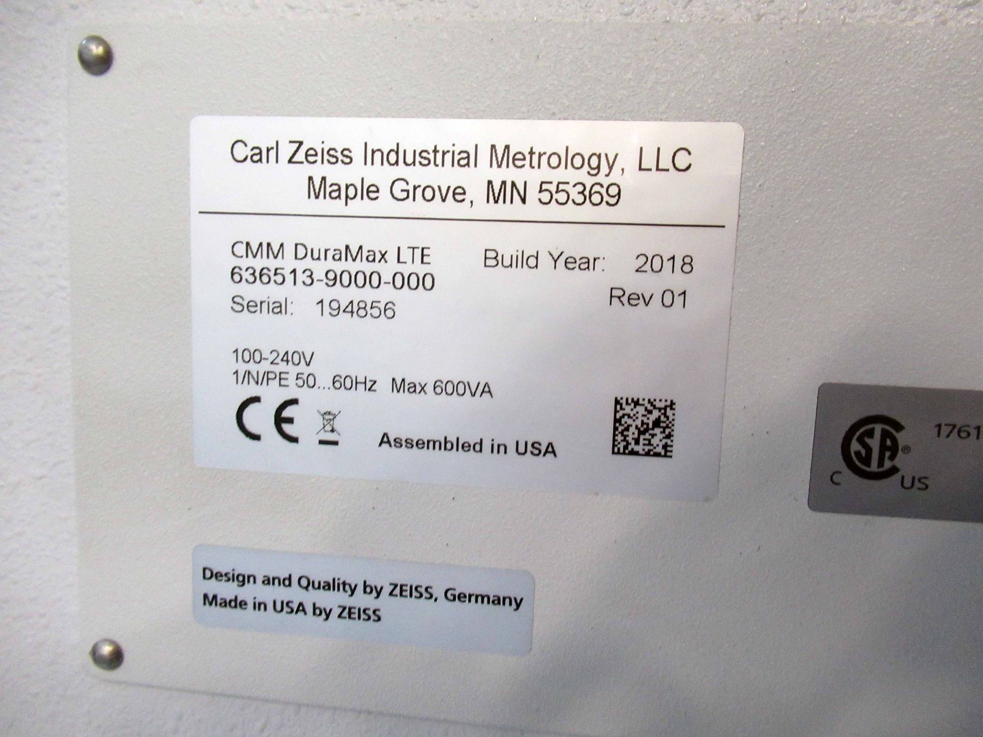 COORDINATE MEASURING MACHINE, ZEISS DURAMAX LTE, Mfg. 2018, Part #636519-9000-000, S/N 194856 ( - Bild 9 aus 9