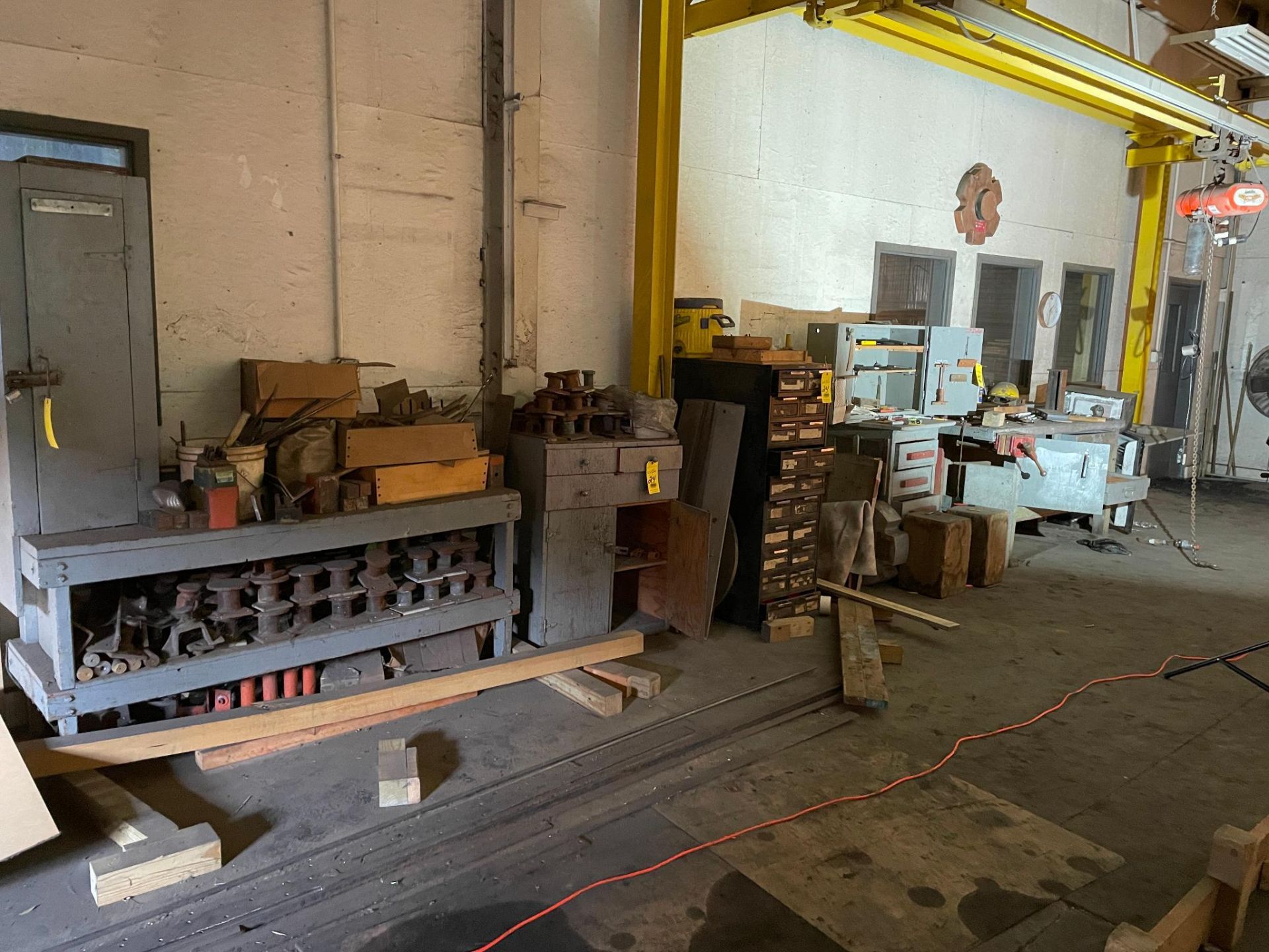 LOT OF WORK BENCHES & CABINETS, w/ contents: bar clamps, eye bolts, wood screws, lag screws, - Image 10 of 11