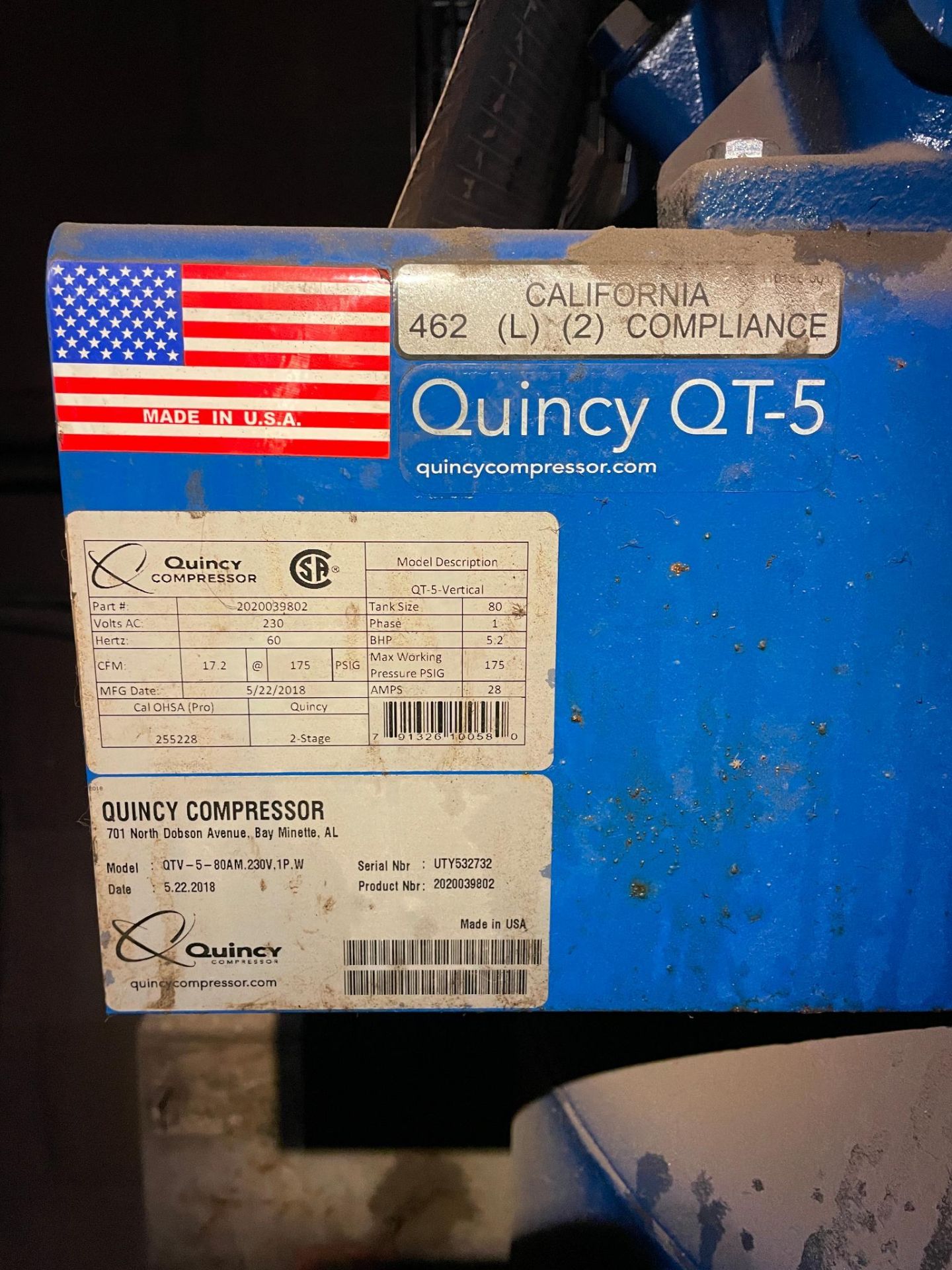 TWO-STAGE AIR COMPRESSOR, QUINCY QT-5 MDL. QTV-5-80AM, new 2018, 230 v ...