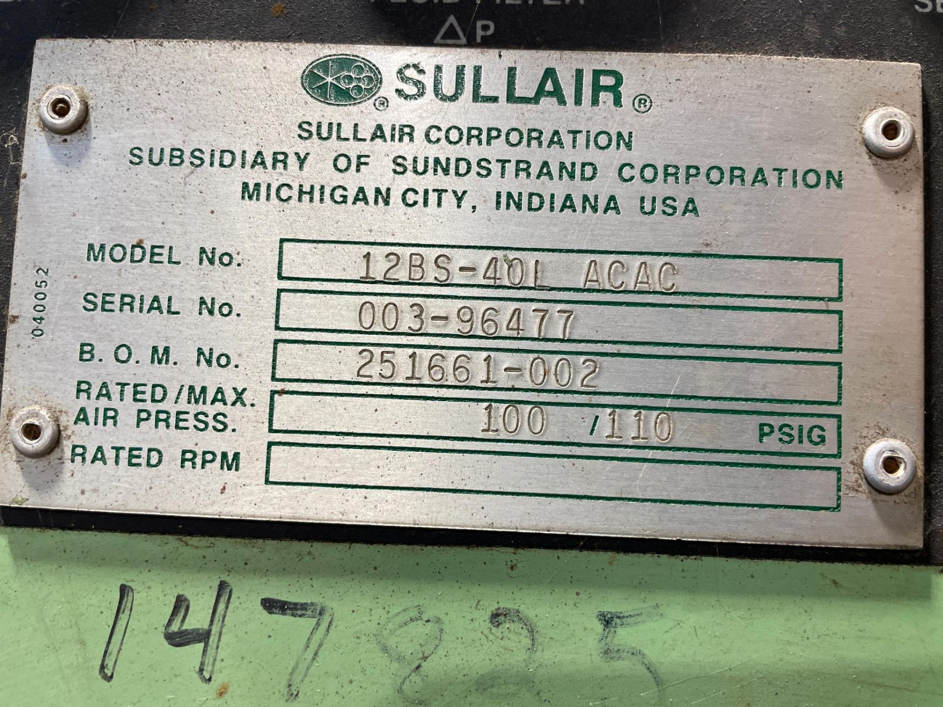 AIR COMPRESSOR, SULLAIR MDL. 12BS-401 ACAC,, 100/110 psig, 40 HP, 200/ 400 v., S/N 003-96477, BOM - Image 2 of 6