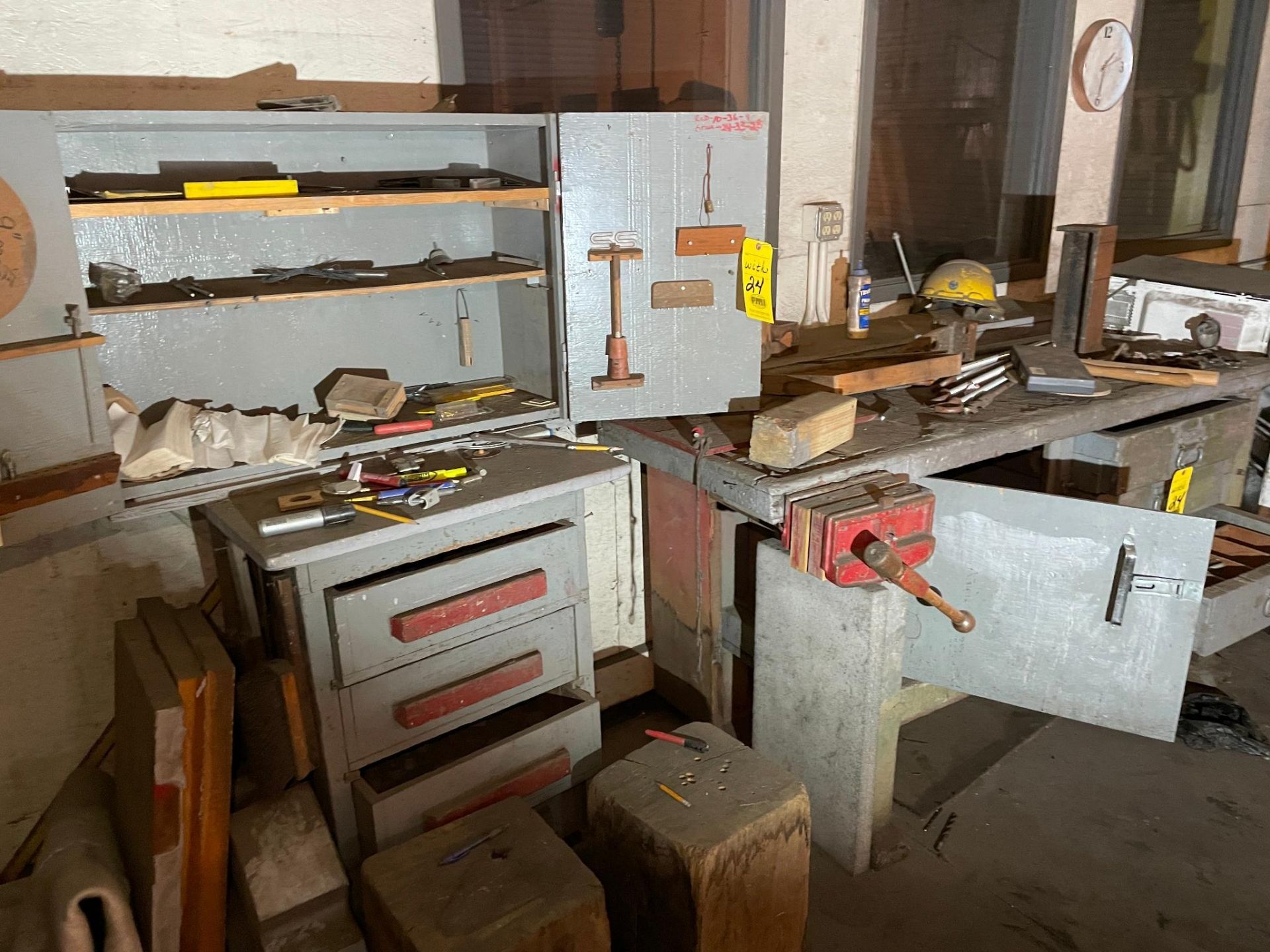 LOT OF WORK BENCHES & CABINETS, w/ contents: bar clamps, eye bolts, wood screws, lag screws, - Image 11 of 11