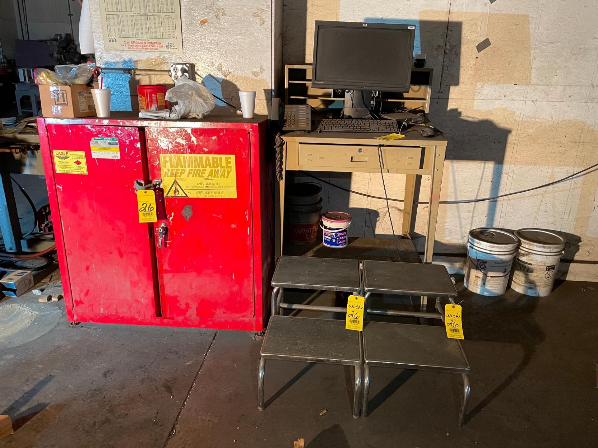 LOT CONSISTING OF: flammable storage cabinet, w/ contents, foreman's desk & (2) step stools