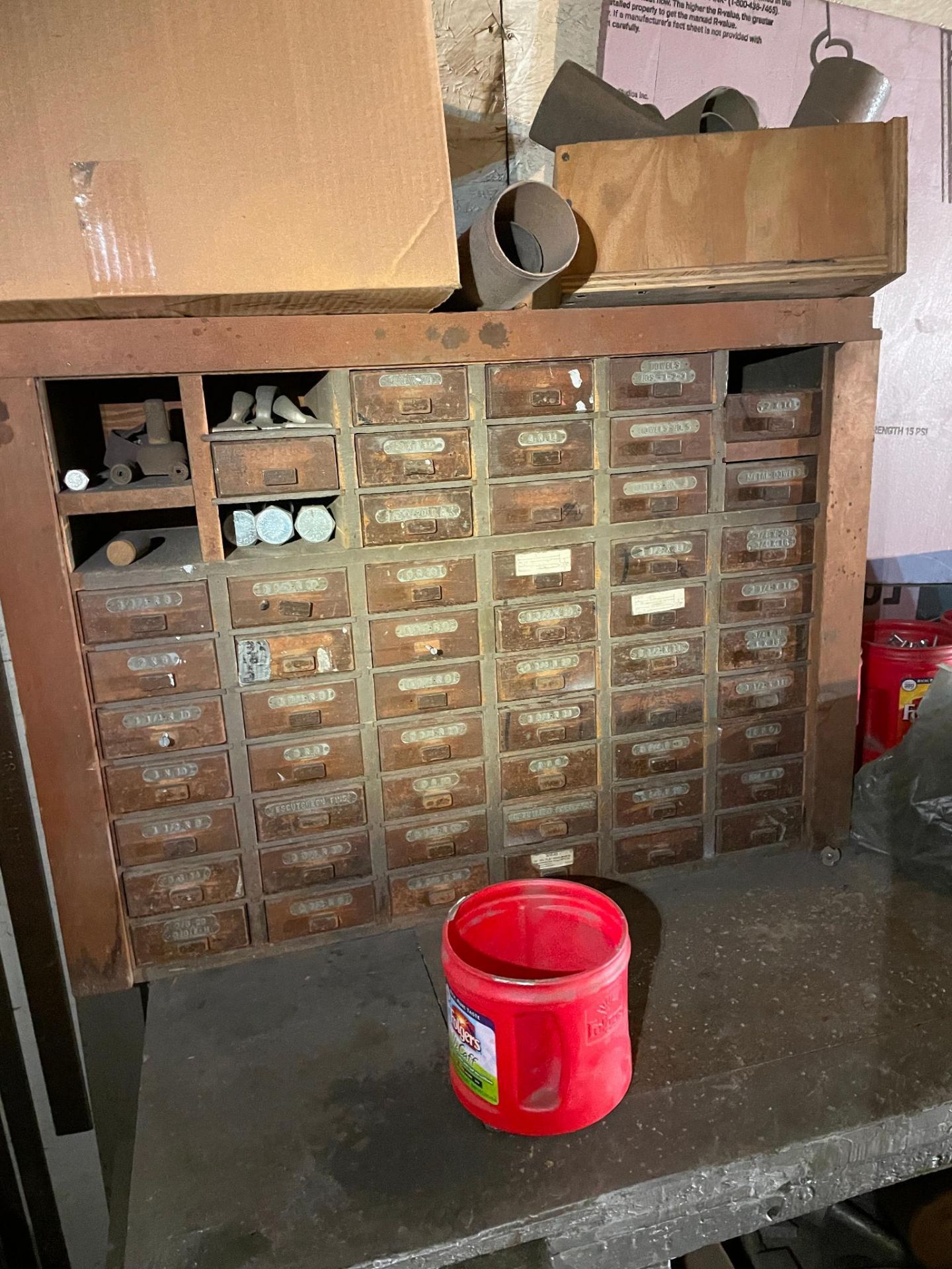 LOT OF WORK BENCHES & CABINETS, w/ contents: bar clamps, eye bolts, wood screws, lag screws, - Image 8 of 11