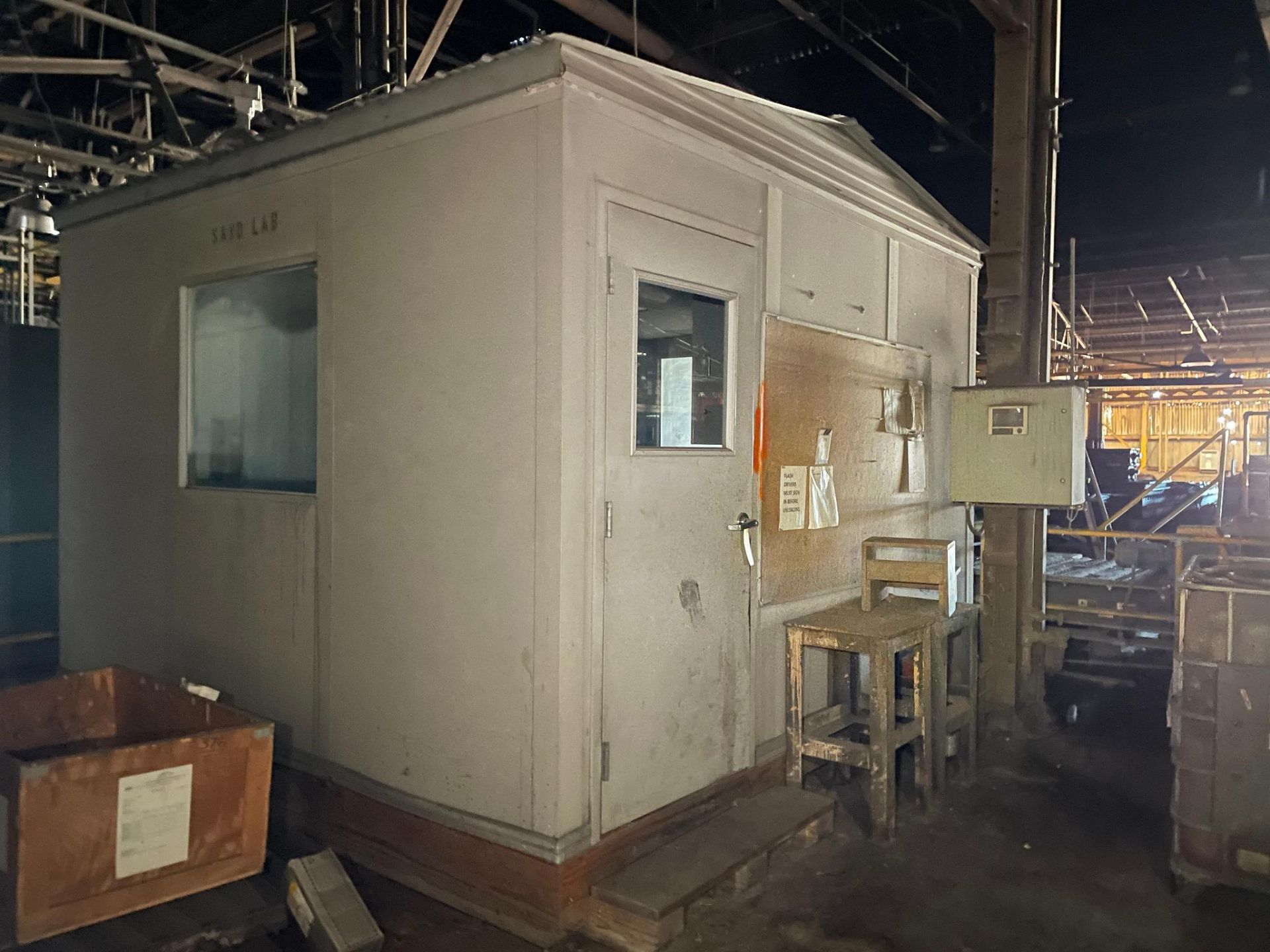 PORTABLE OFFICE BUILDING, w/ electric & AC, approx. 12' x 12' (cabinet & tables not included)