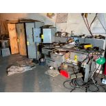LOT OF WORK BENCHES & CABINETS, w/ contents: bar clamps, eye bolts, wood screws, lag screws,