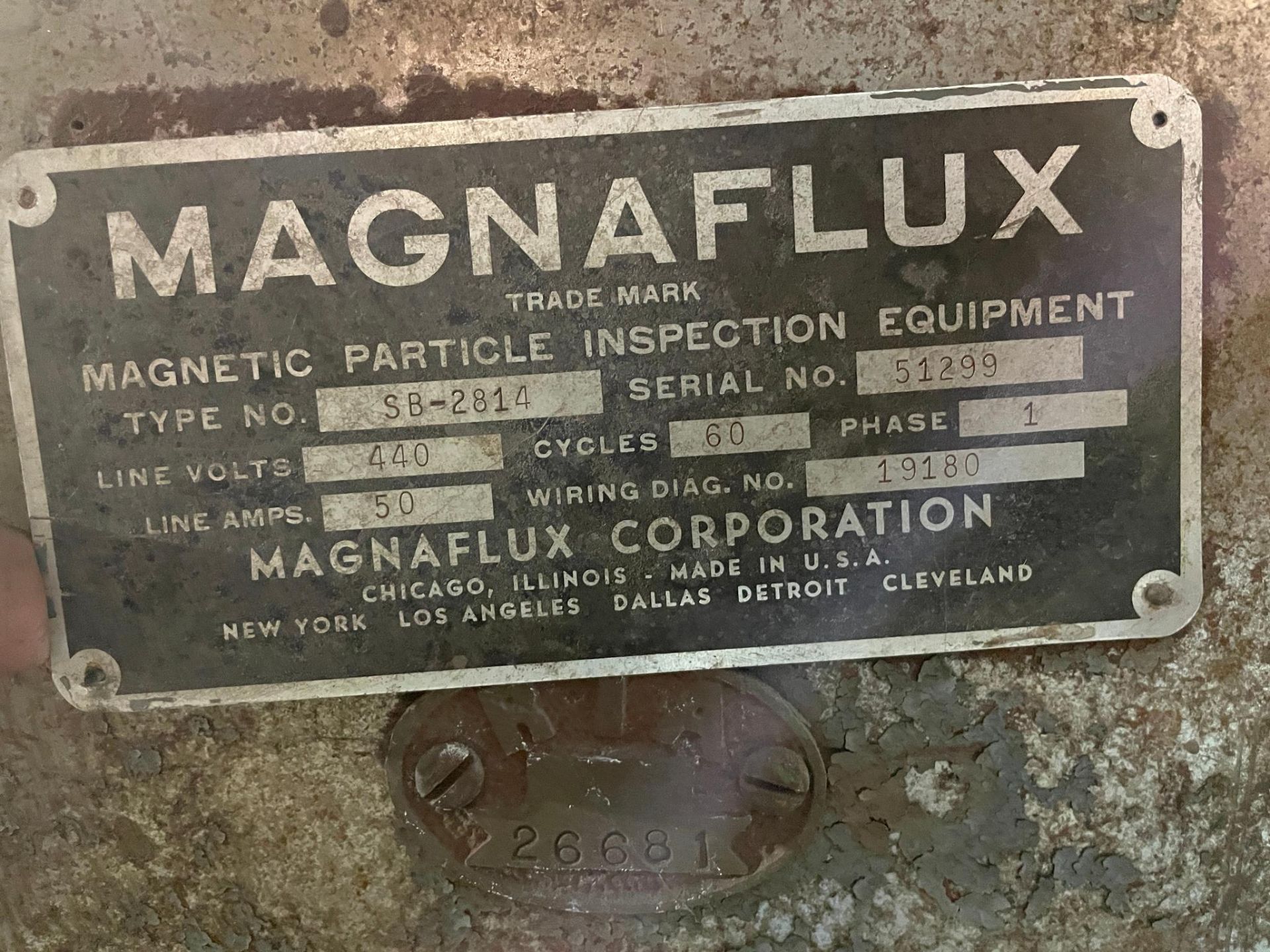 MAGNETIC PARTICLE INSPECTION EQUIPMENT, MAGNAFLUX, TYPE SB-2814, 440 v., 1 Ph., S/N 51299 - Image 2 of 2