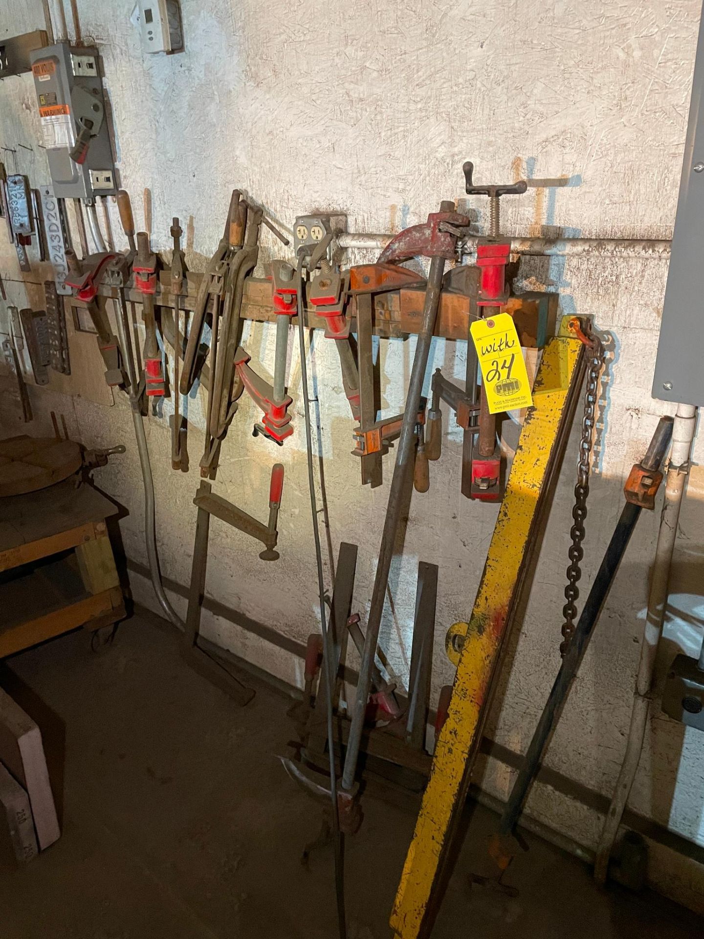 LOT OF WORK BENCHES & CABINETS, w/ contents: bar clamps, eye bolts, wood screws, lag screws, - Image 6 of 11