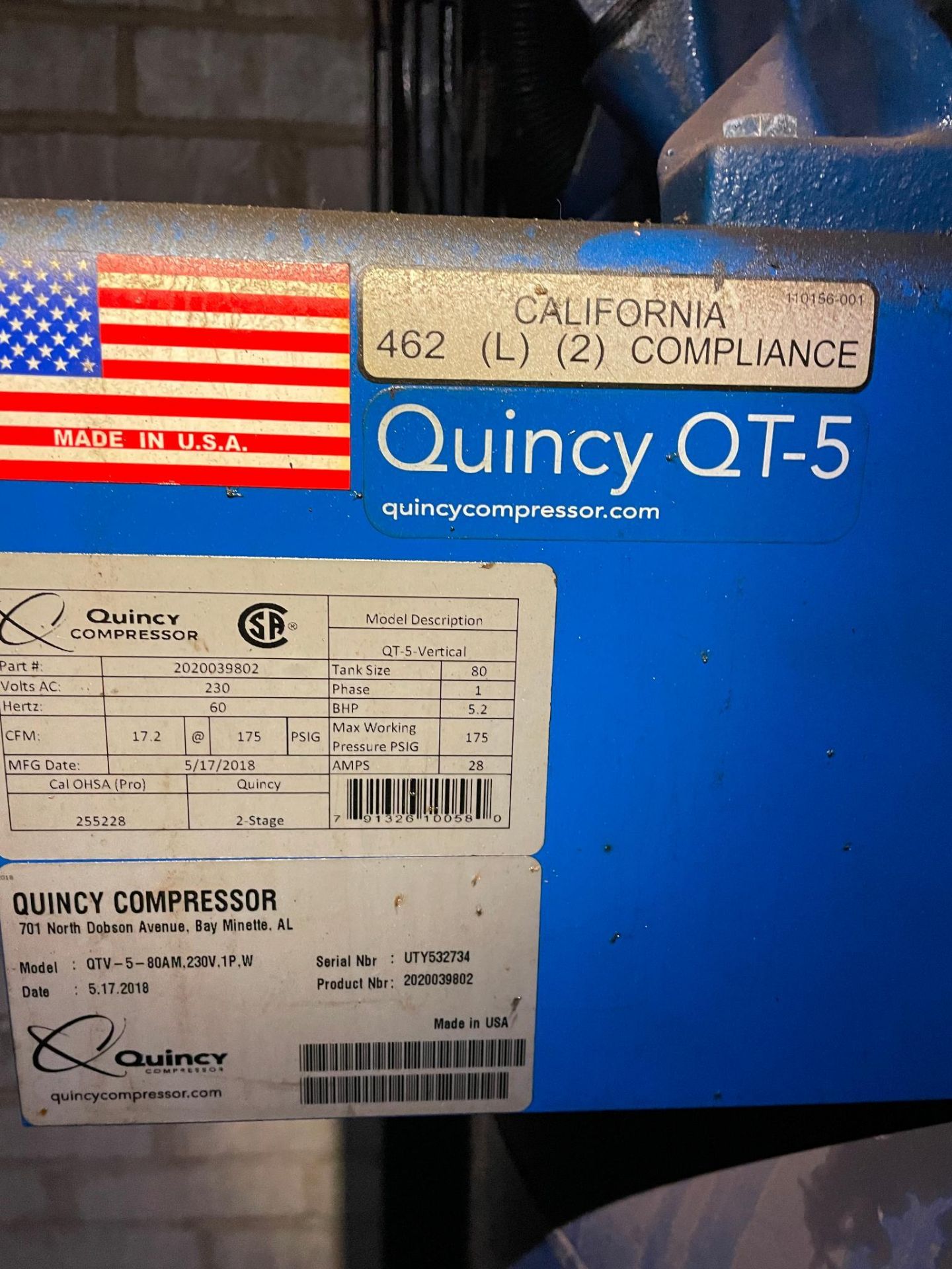 TWO-STAGE AIR COMPRESSOR, QUINCY QT-5 MDL. QTV-5-80AM, new 2018, 230 v., 5 HP, 80 gal., 1 Ph., S/N - Image 2 of 4