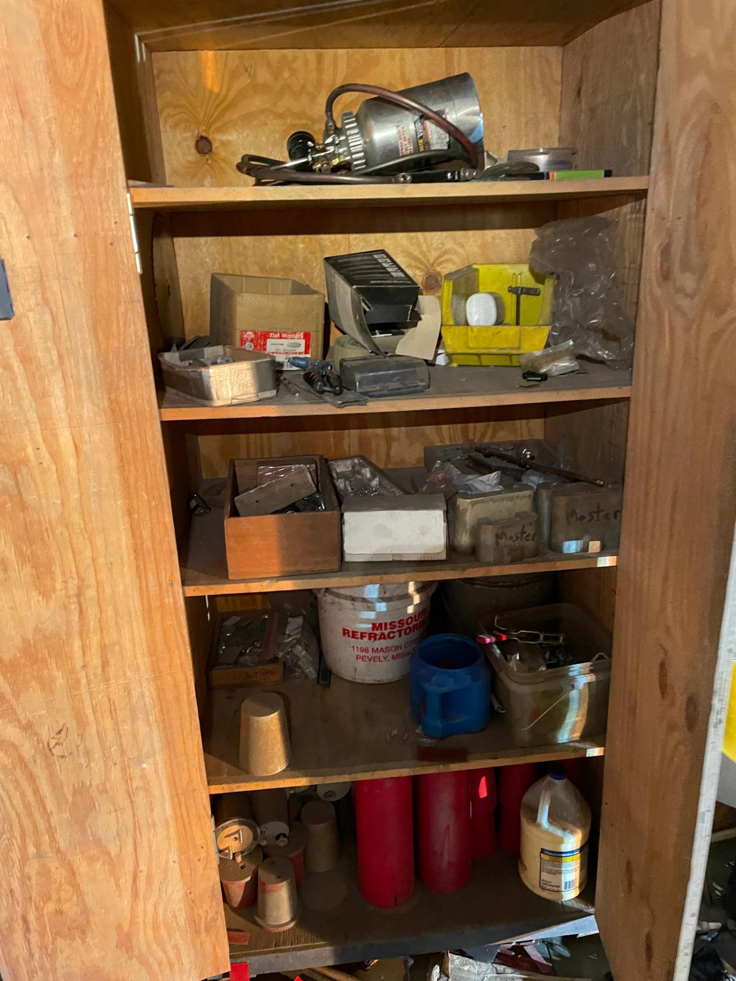 LOT OF WORK BENCHES & CABINETS, w/ contents: bar clamps, eye bolts, wood screws, lag screws, - Image 2 of 11