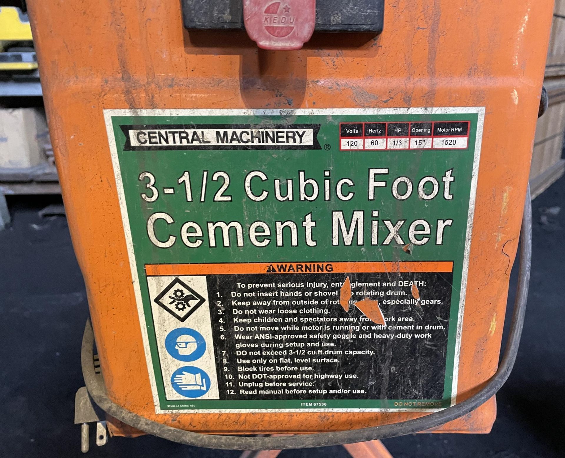 PORTABLE ELECTRIC CEMENT/ CONCRETE MIXER, CENTRAL MACHINERY, 120 v., 1/3 HP, 1,520 RPM, 3-1/2 - Image 4 of 4