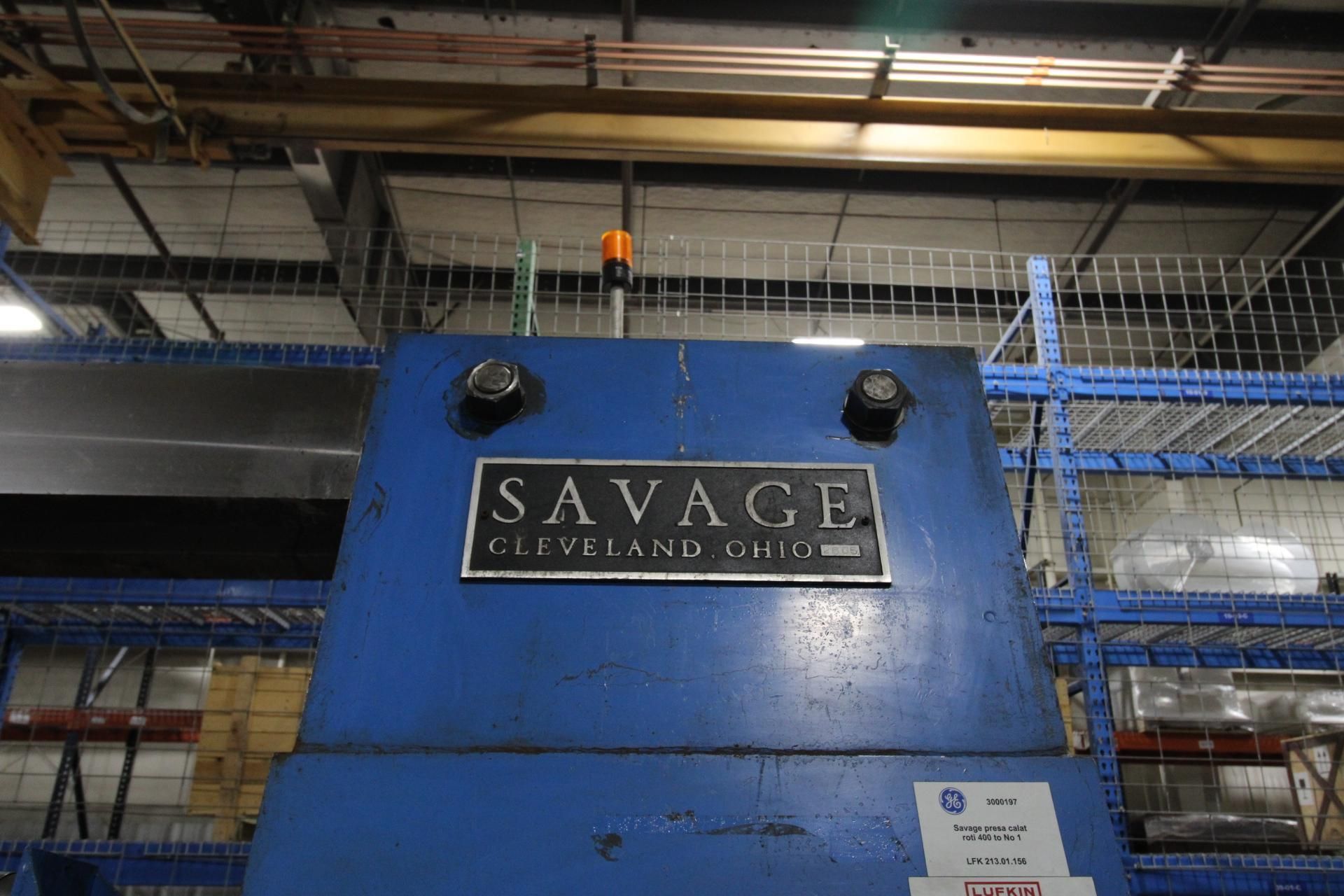 HORIZONTAL FORCING WHEEL PRESS, SAVAGE MDL. H-400, new 2011, 400 T. pushing and 110 T. pulling cap., - Image 7 of 24