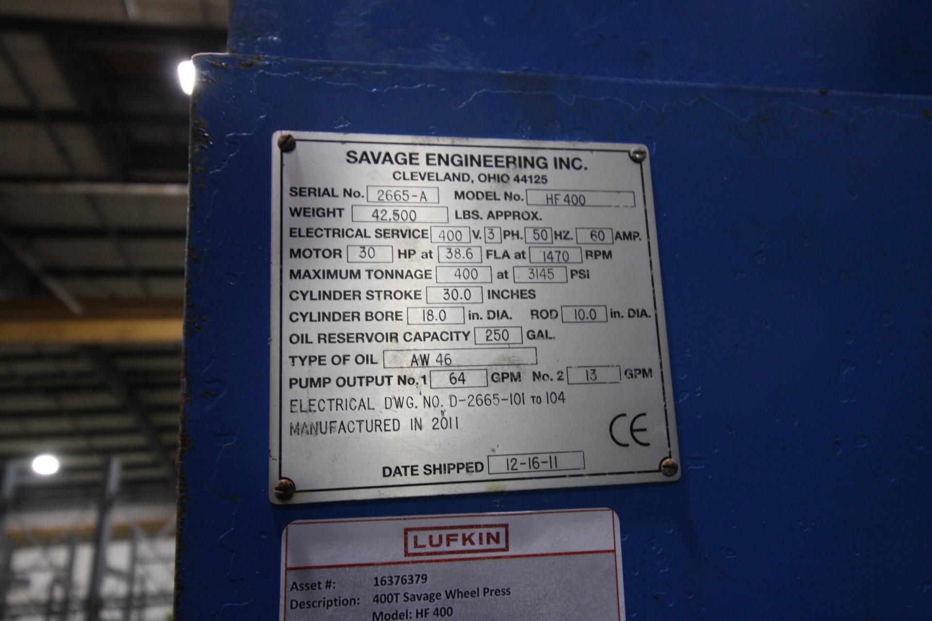 HORIZONTAL FORCING WHEEL PRESS, SAVAGE MDL. H-400, new 2011, 400 T. pushing and 110 T. pulling cap., - Image 9 of 24