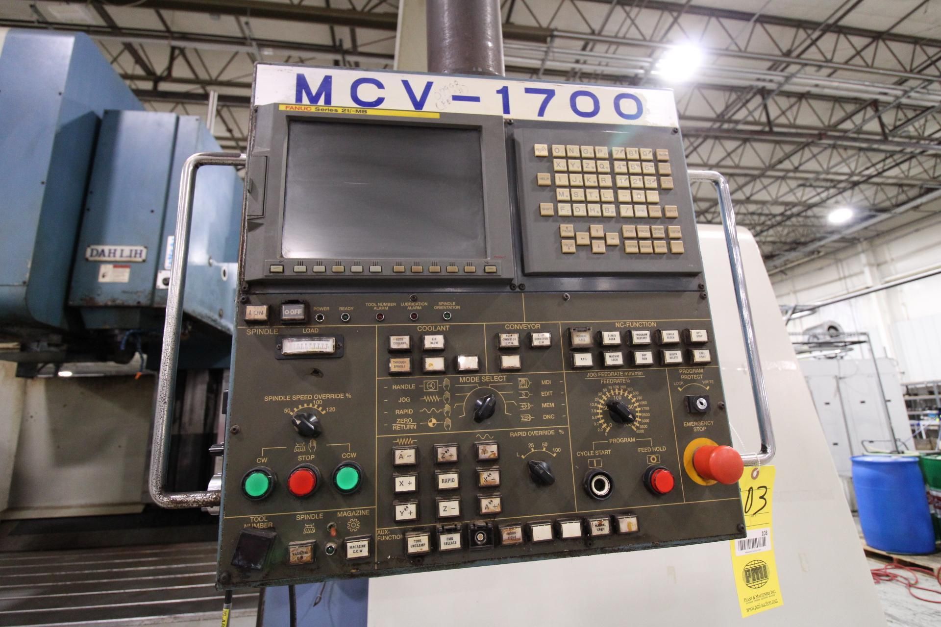 CNC VERTICAL MACHINING CENTER, DAHLIH MCV-1700, new 2006, Fanuc 21i-MB CNC control, 40” x 75” tbl. - Image 6 of 24