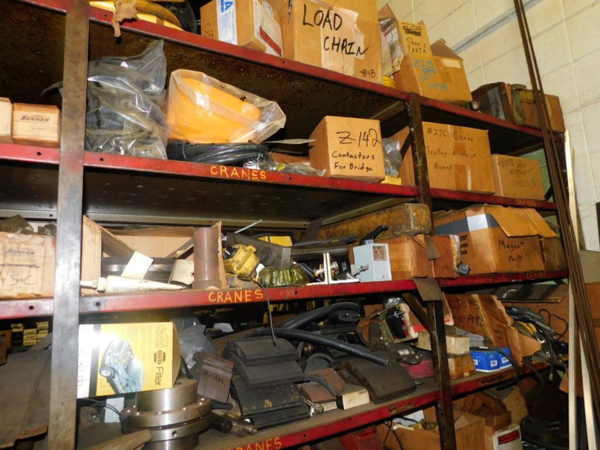 LOT: Contents of Back Maintenance Room: (2) Racks of Contents, Machine Parts, Hosing, Wire, Parts Wa - Image 11 of 16