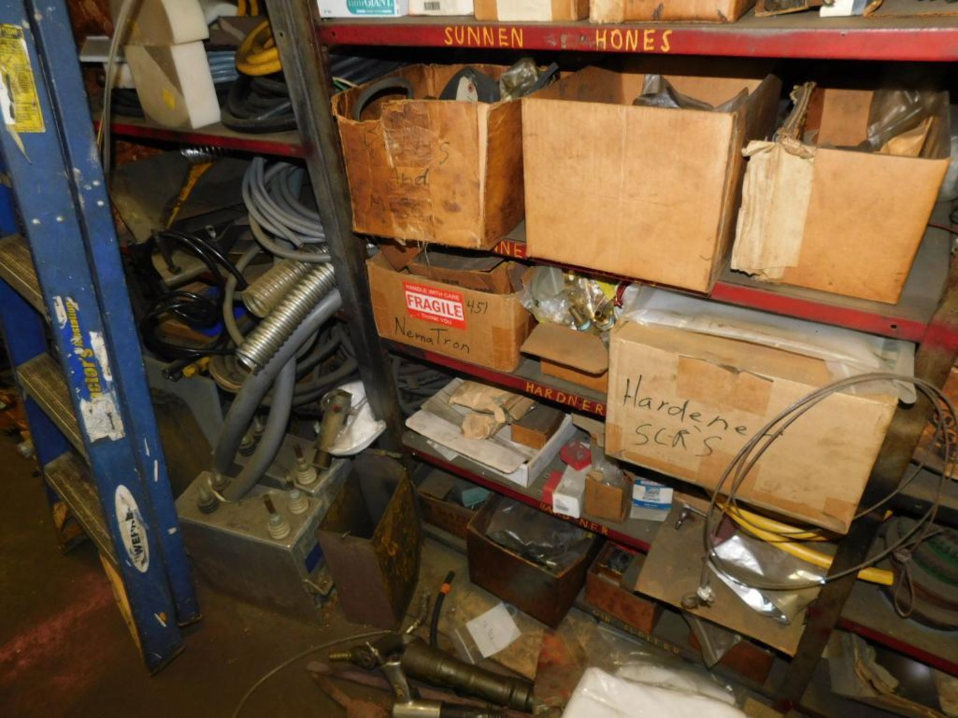 LOT: Contents of Back Maintenance Room: (2) Racks of Contents, Machine Parts, Hosing, Wire, Parts Wa - Image 13 of 16